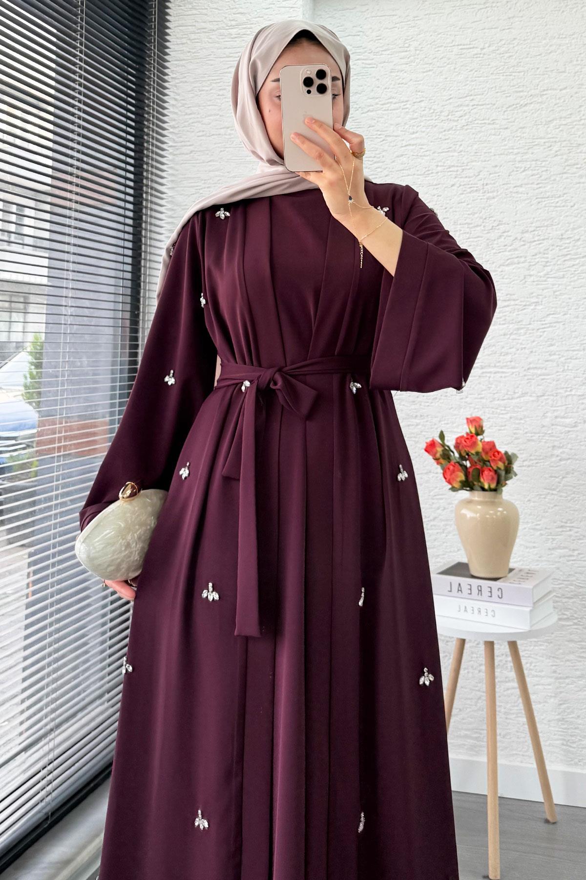 Taş İşlemeli İkili Abaya Takım - Mürdüm