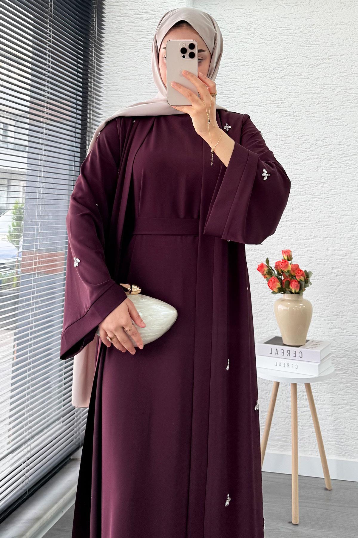 Taş İşlemeli İkili Abaya Takım - Mürdüm