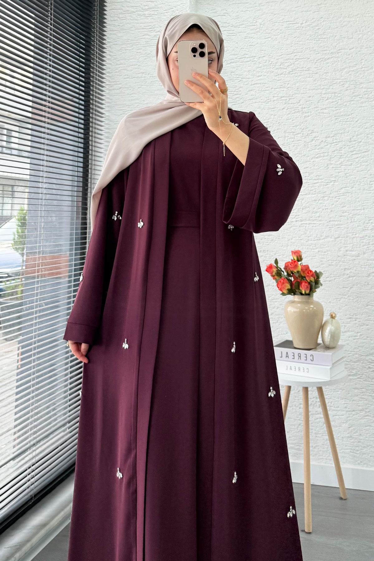 Taş İşlemeli İkili Abaya Takım - Mürdüm