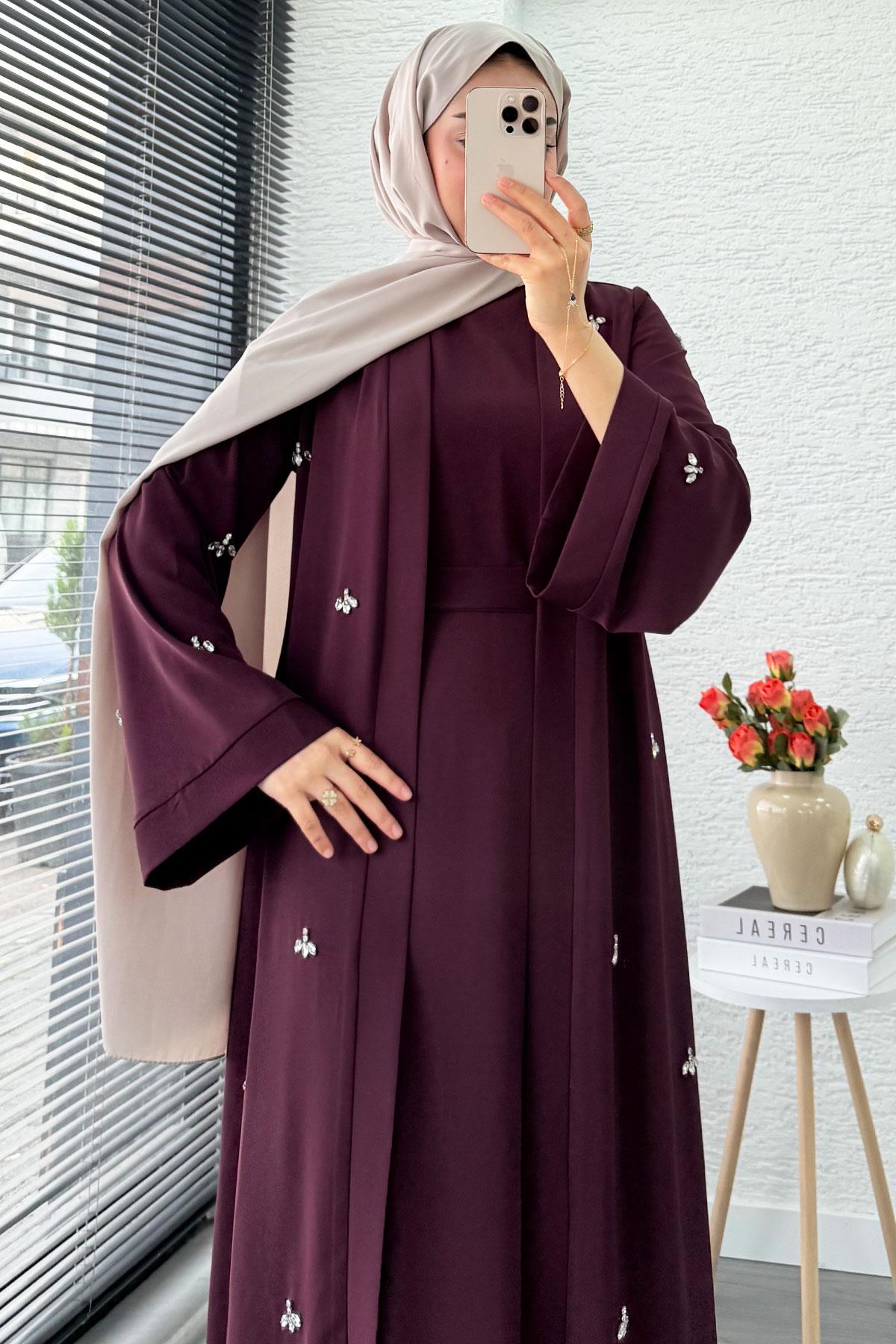 Taş İşlemeli İkili Abaya Takım - Mürdüm