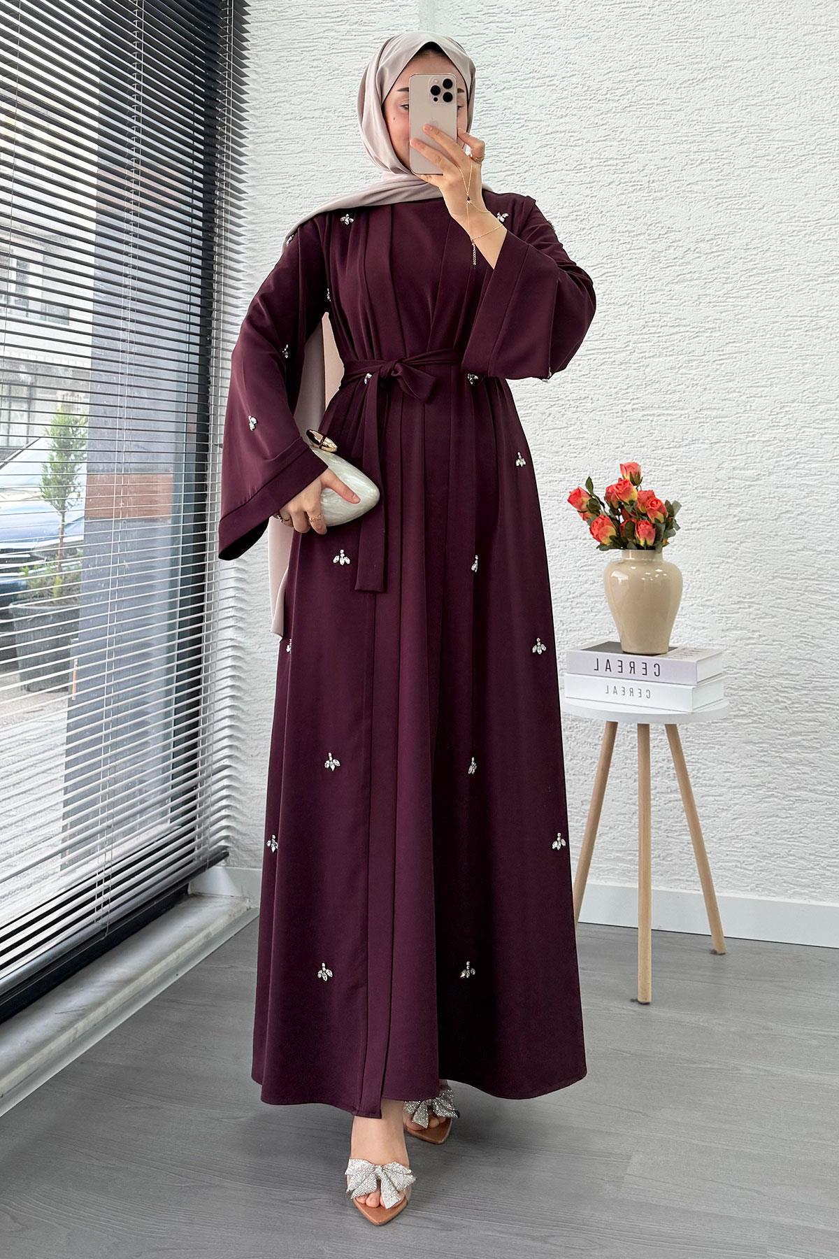 Taş İşlemeli İkili Abaya Takım - Mürdüm