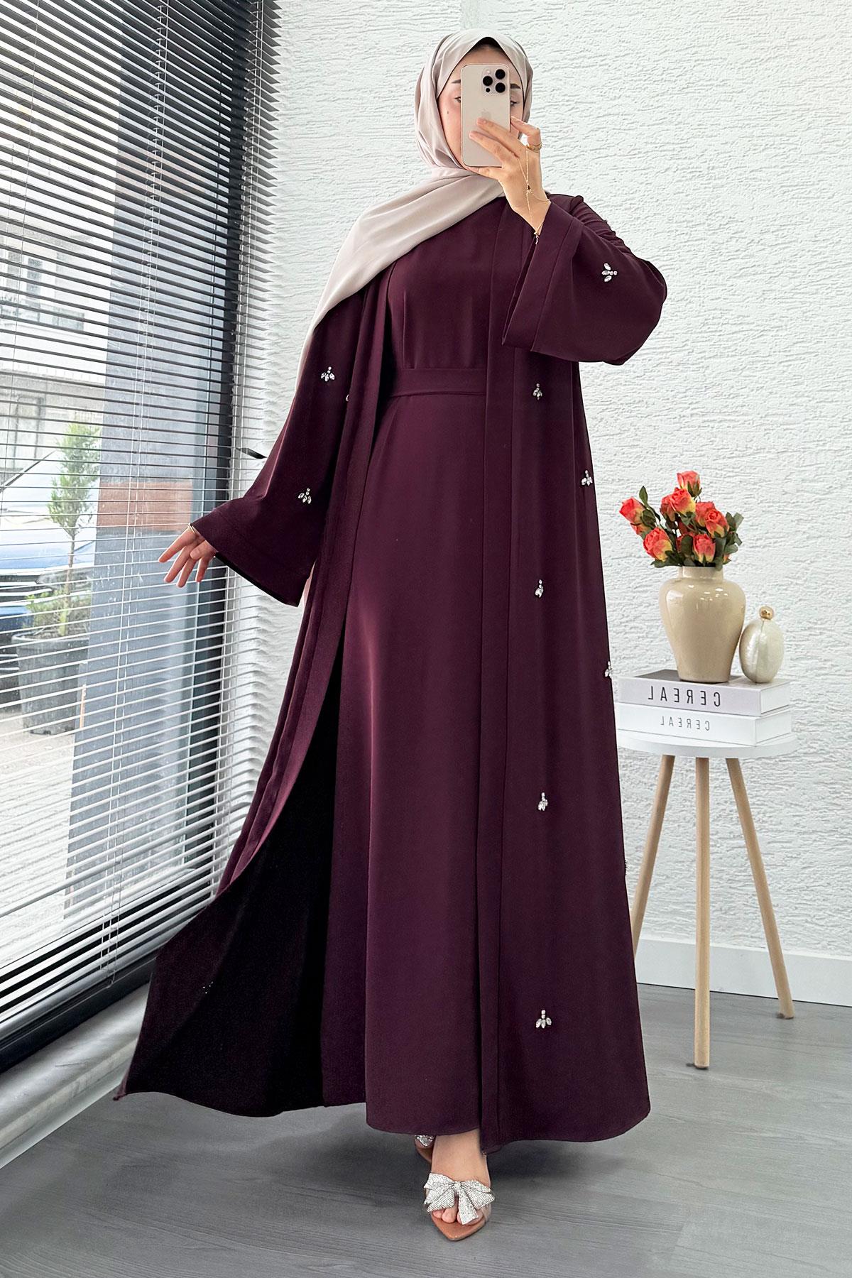 Taş İşlemeli İkili Abaya Takım - Mürdüm