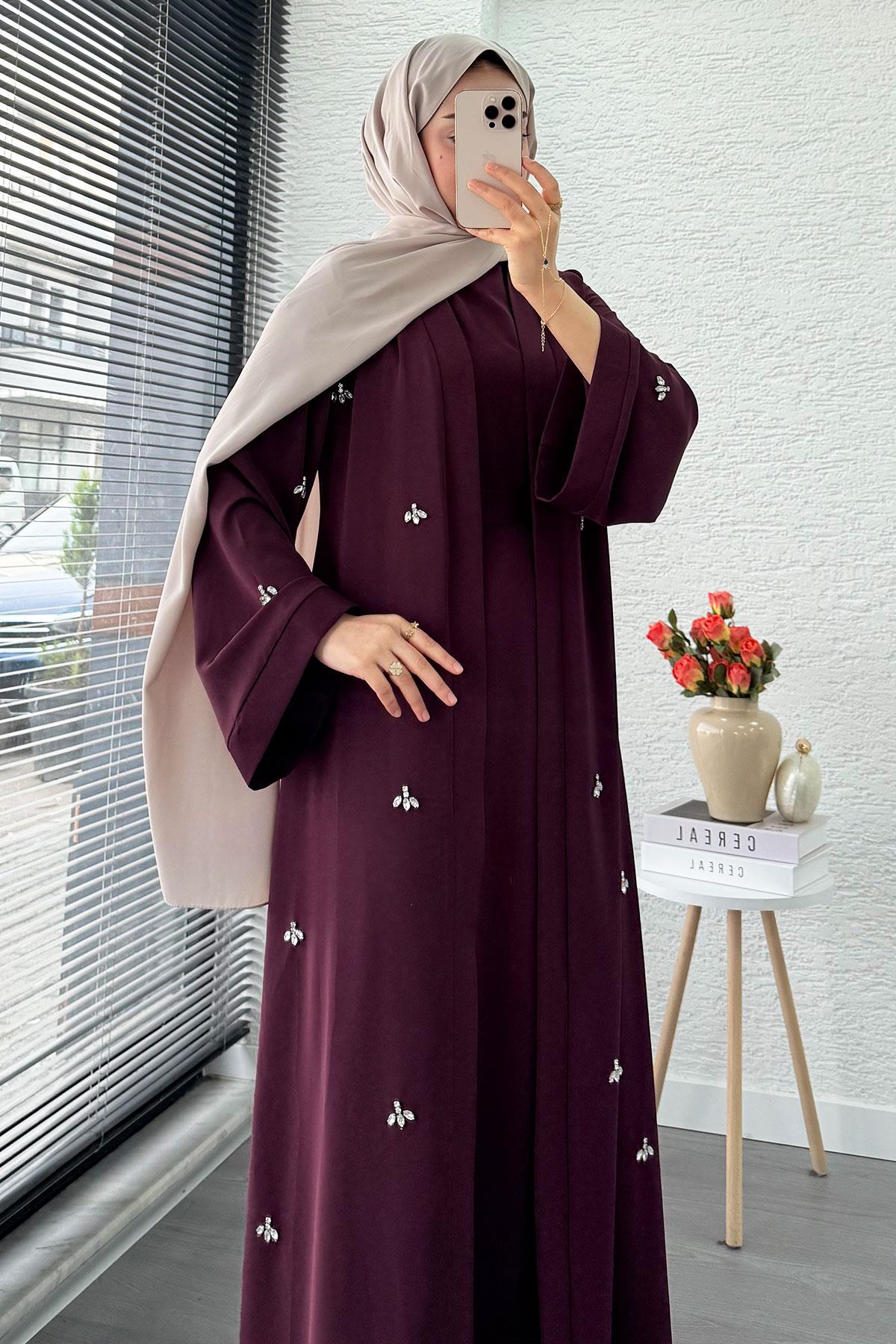 Taş İşlemeli İkili Abaya Takım - Mürdüm