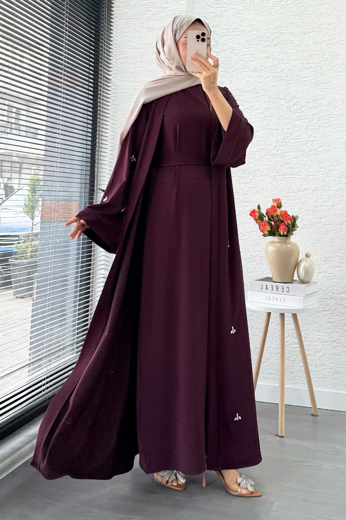 Taş İşlemeli İkili Abaya Takım - Mürdüm
