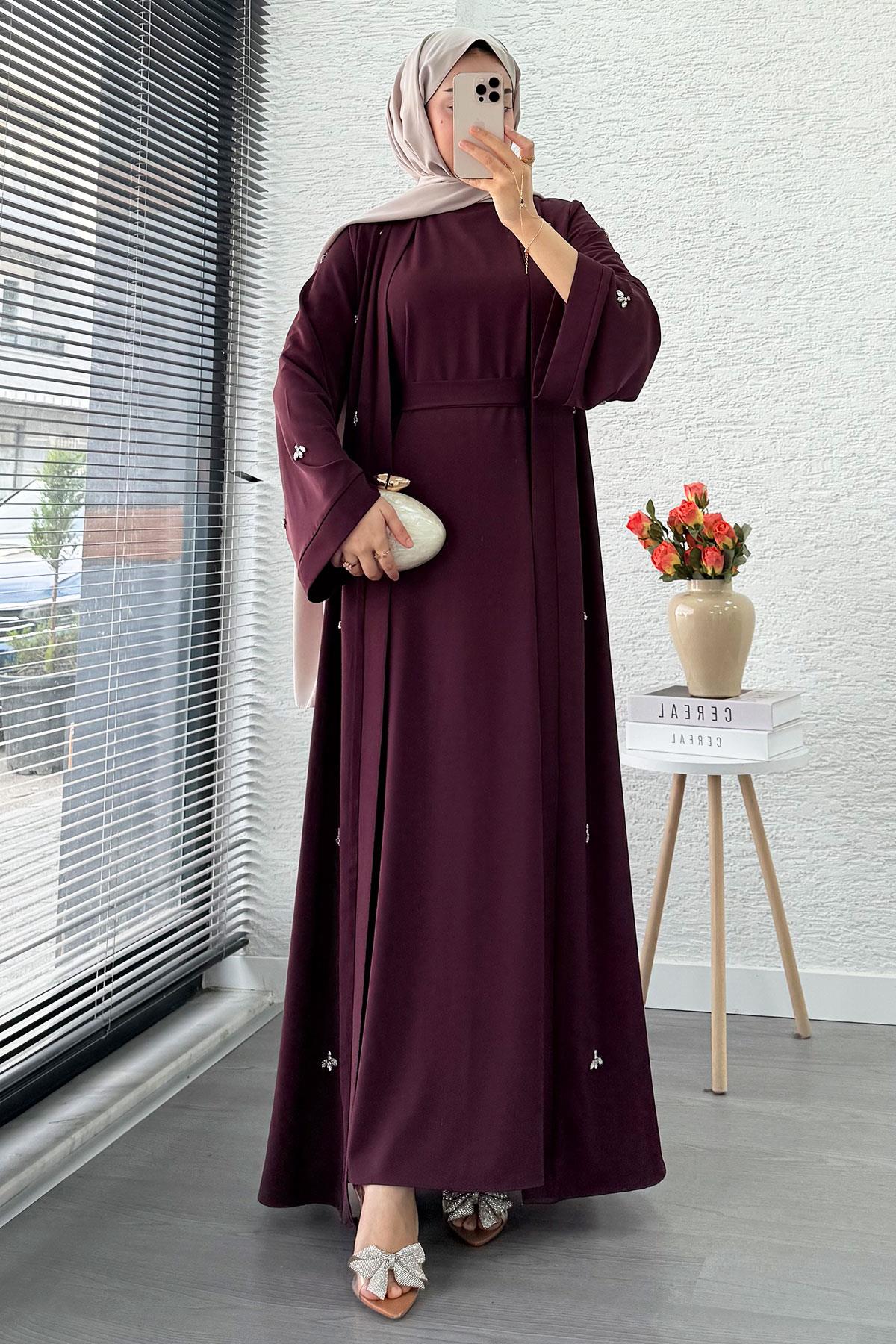 Taş İşlemeli İkili Abaya Takım - Mürdüm
