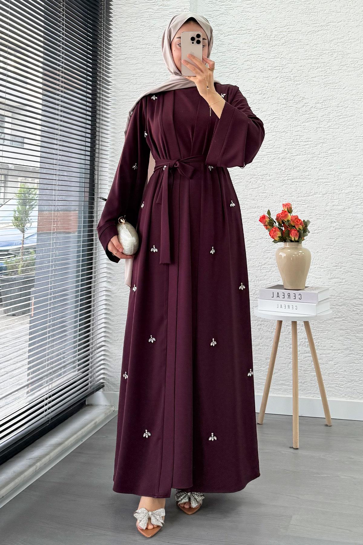 Taş İşlemeli İkili Abaya Takım - Mürdüm