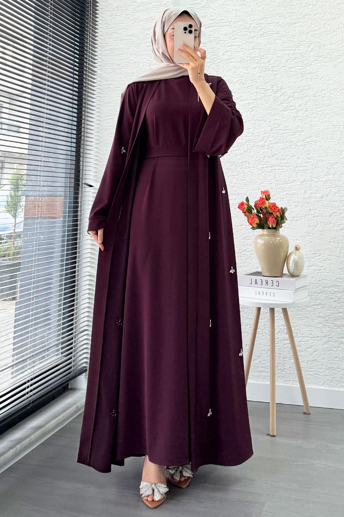 Taş İşlemeli İkili Abaya Takım - Mürdüm