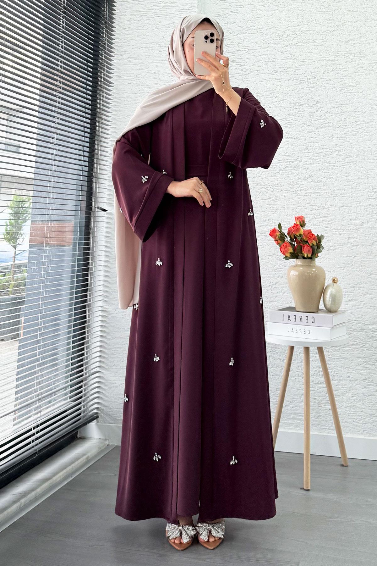 Taş İşlemeli İkili Abaya Takım - Mürdüm