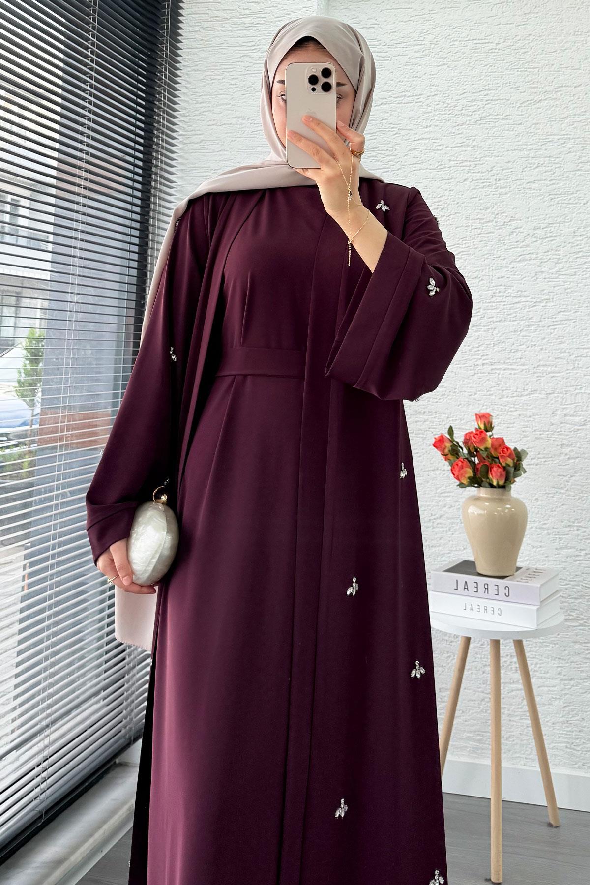 Taş İşlemeli İkili Abaya Takım - Mürdüm