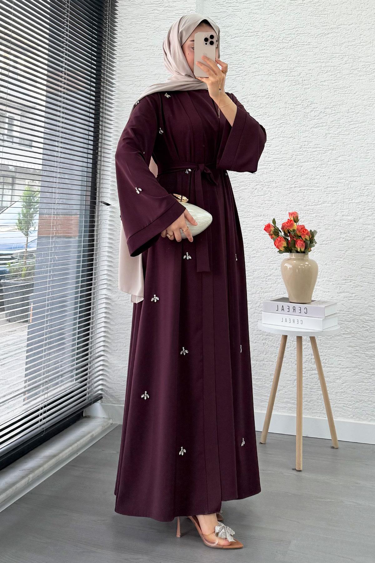 Taş İşlemeli İkili Abaya Takım - Mürdüm
