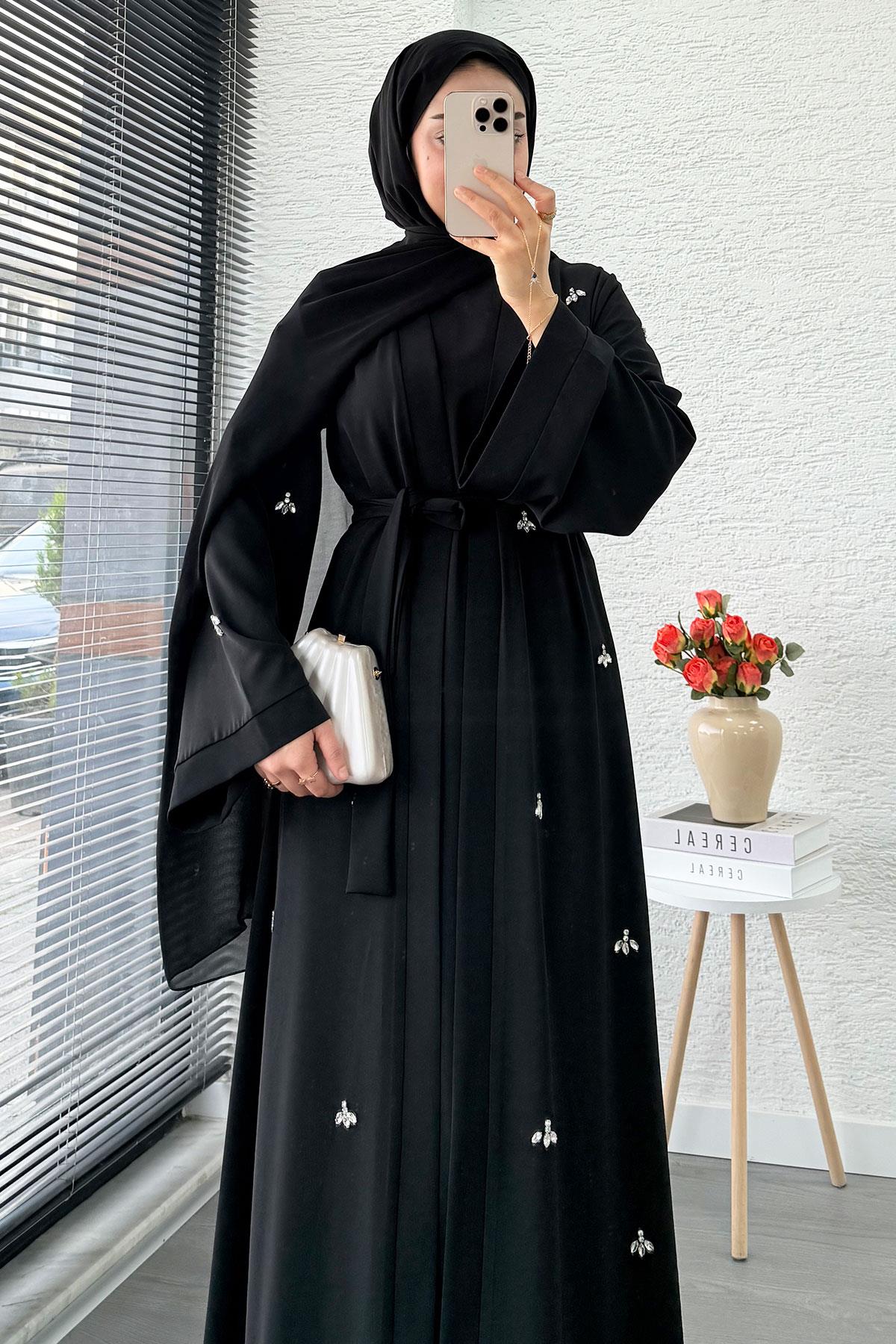 Taş İşlemeli İkili Abaya Takım - Siyah