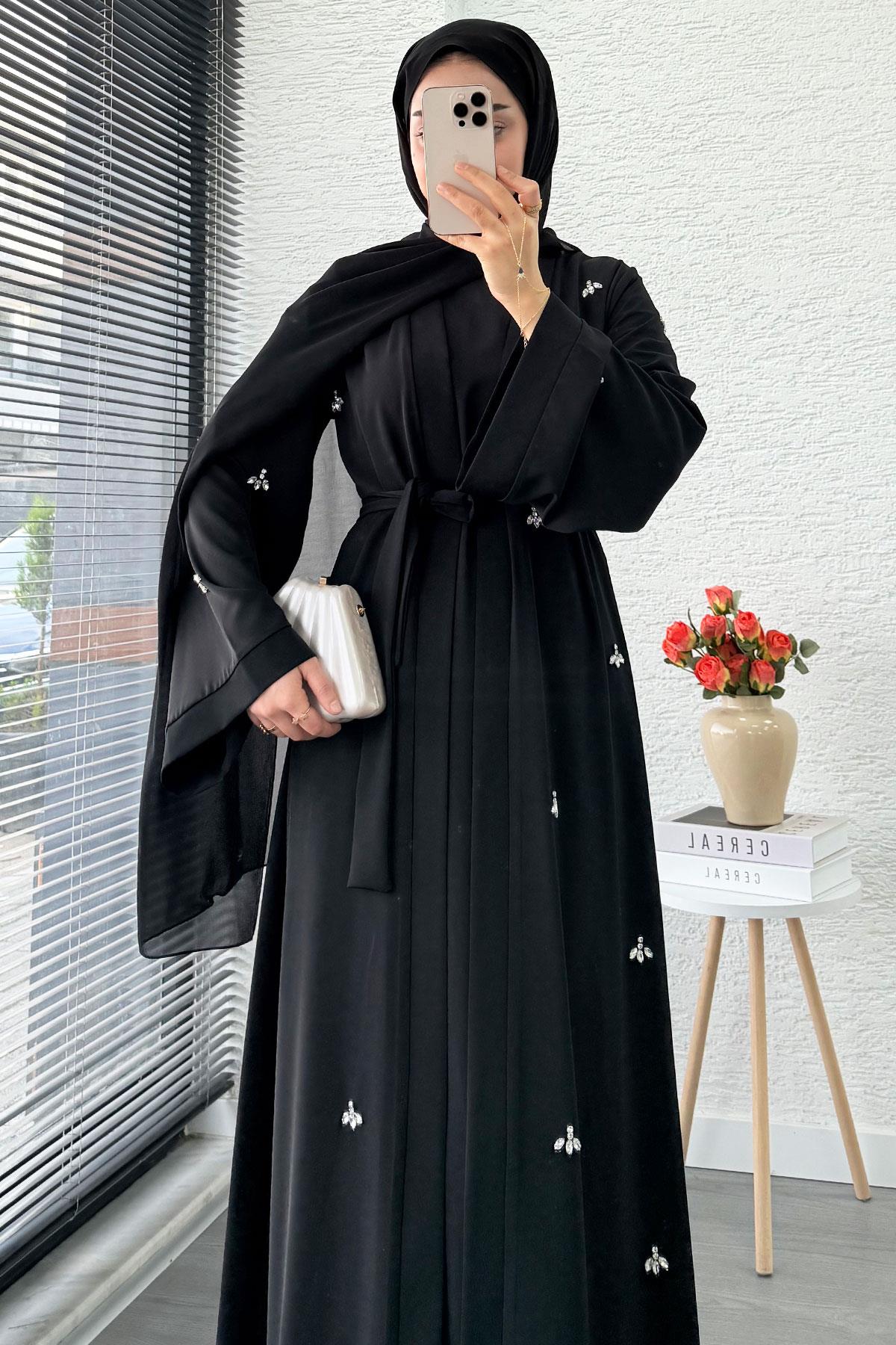 Taş İşlemeli İkili Abaya Takım - Siyah