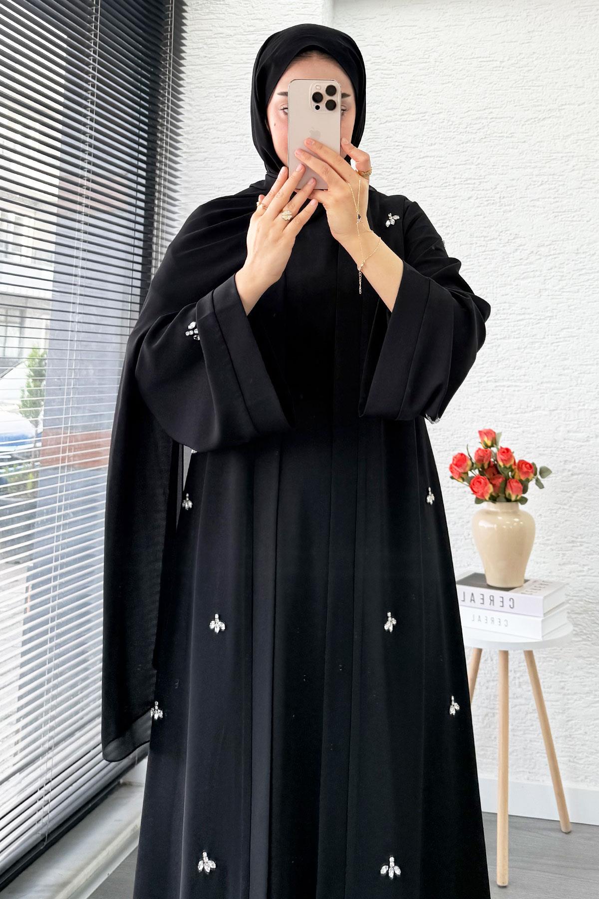 Taş İşlemeli İkili Abaya Takım - Siyah