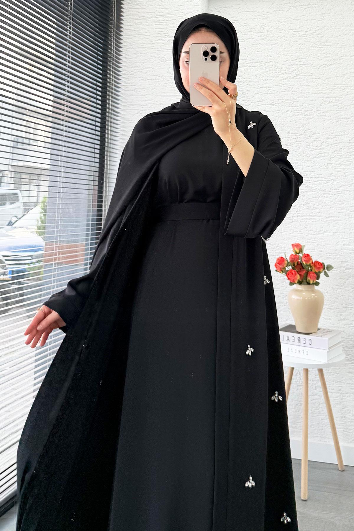 Taş İşlemeli İkili Abaya Takım - Siyah