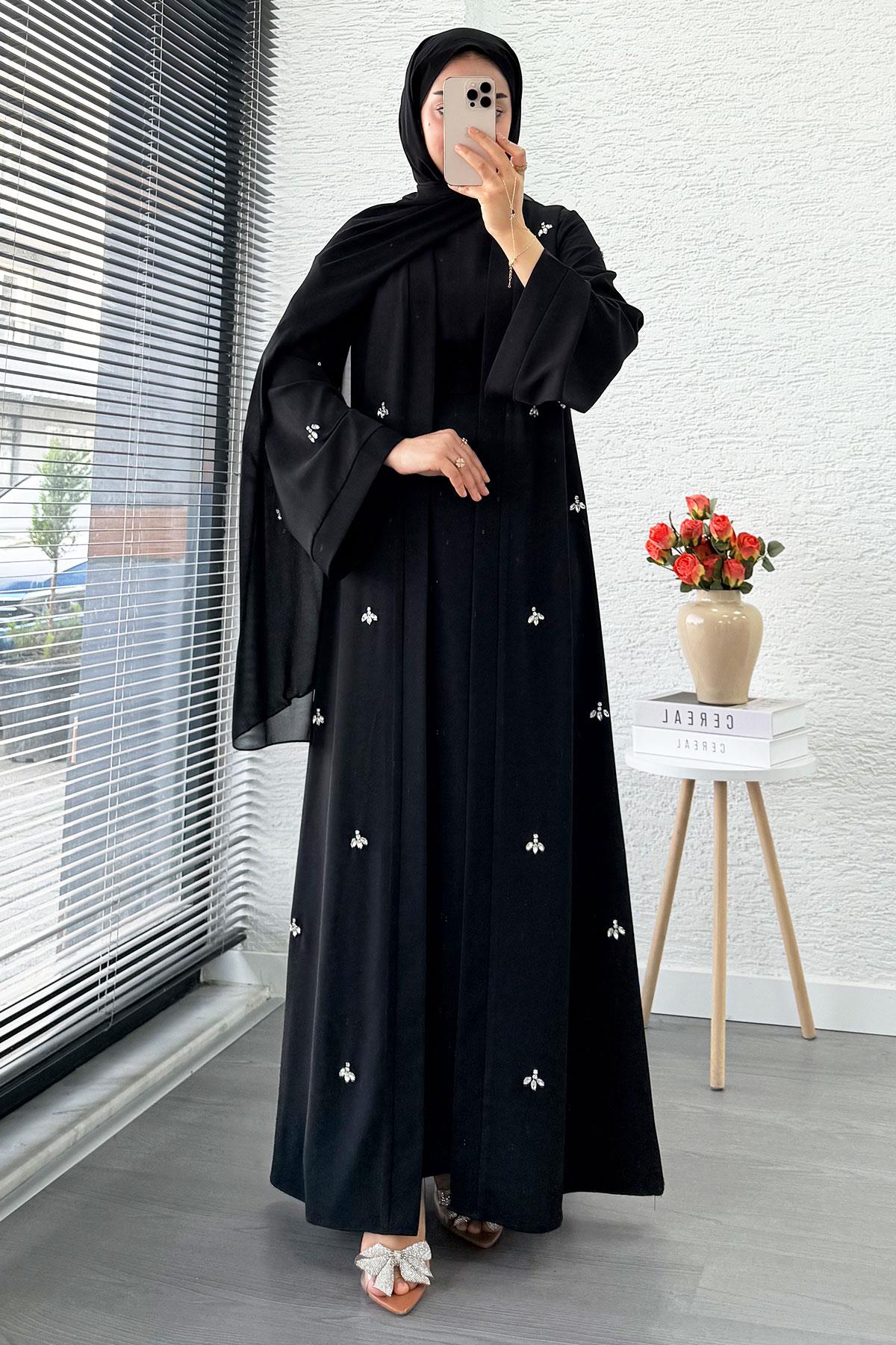 Taş İşlemeli İkili Abaya Takım - Siyah