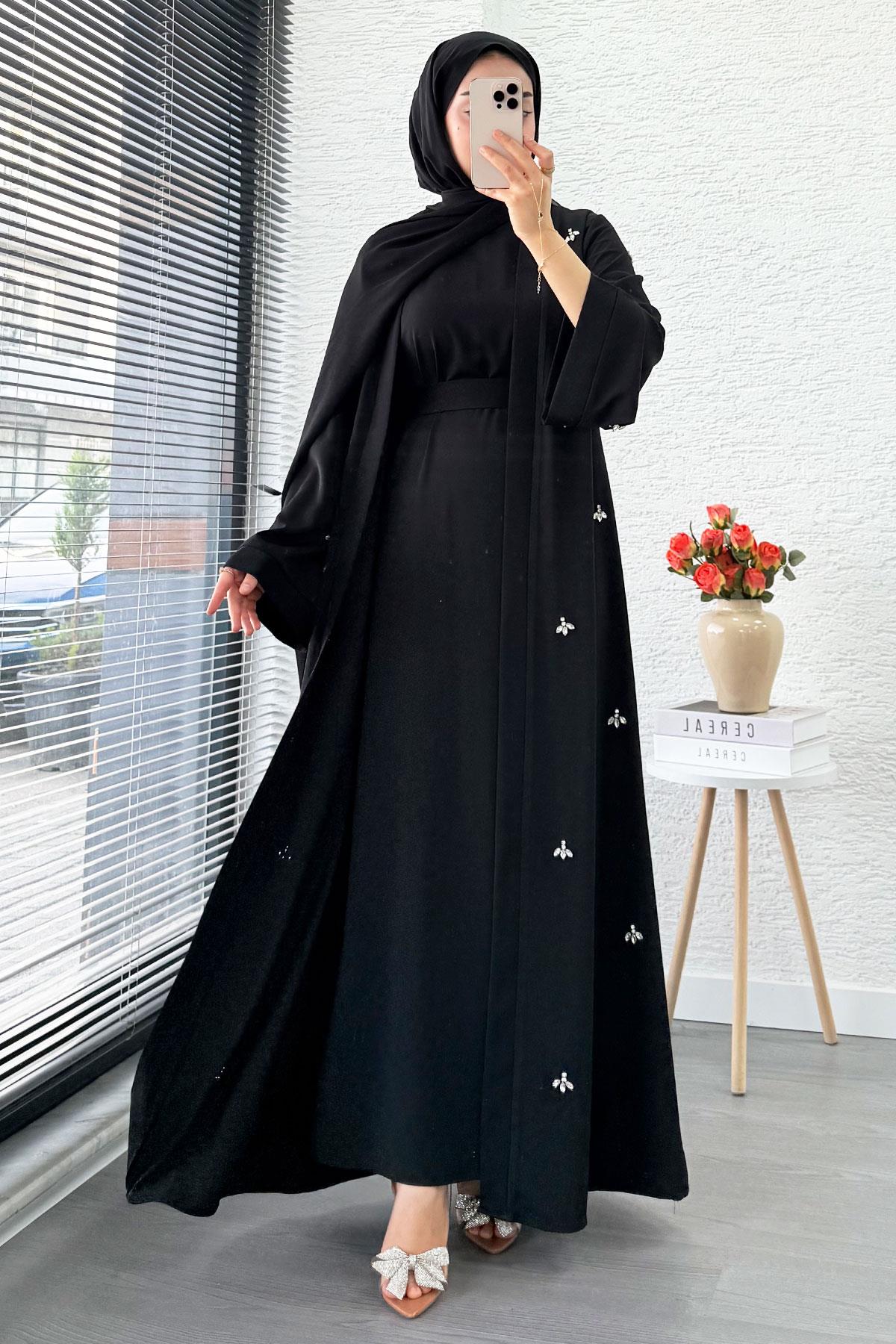 Taş İşlemeli İkili Abaya Takım - Siyah