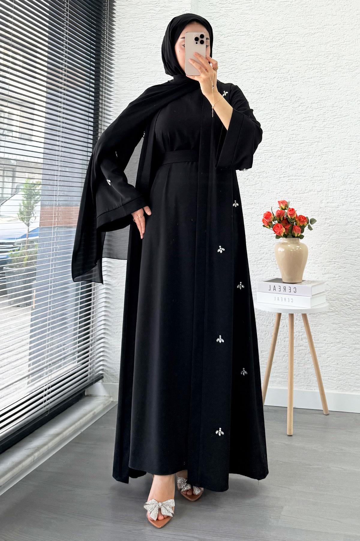 Taş İşlemeli İkili Abaya Takım - Siyah