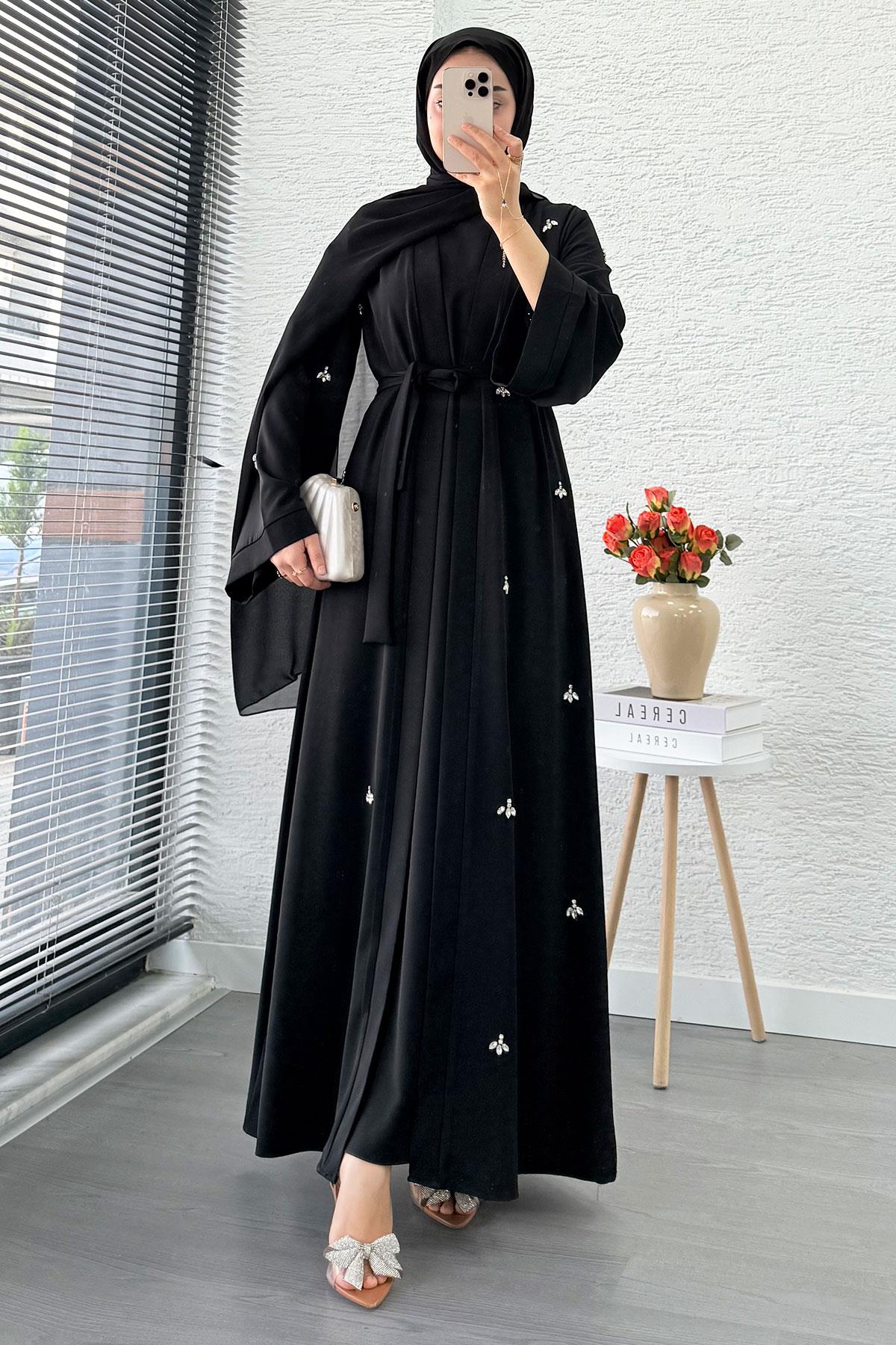 Taş İşlemeli İkili Abaya Takım - Siyah