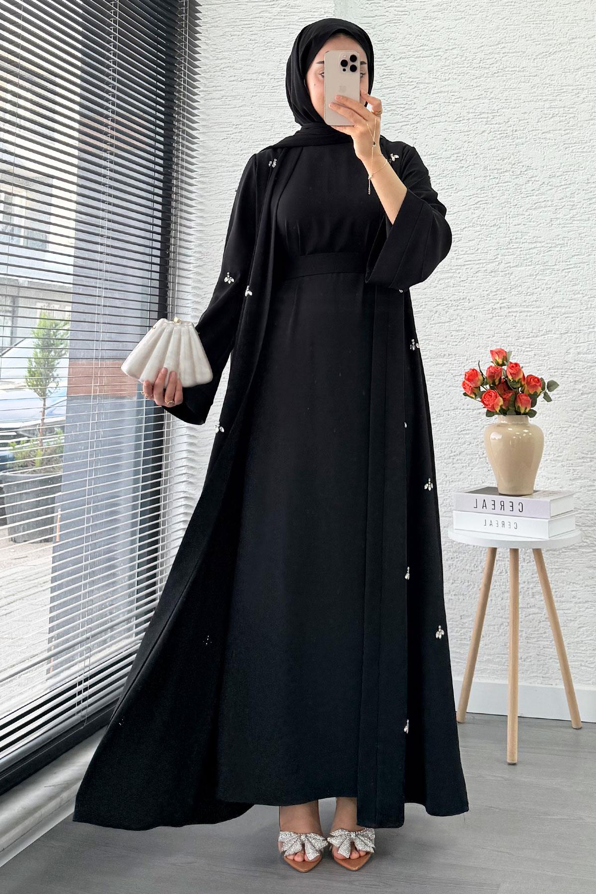 Taş İşlemeli İkili Abaya Takım - Siyah