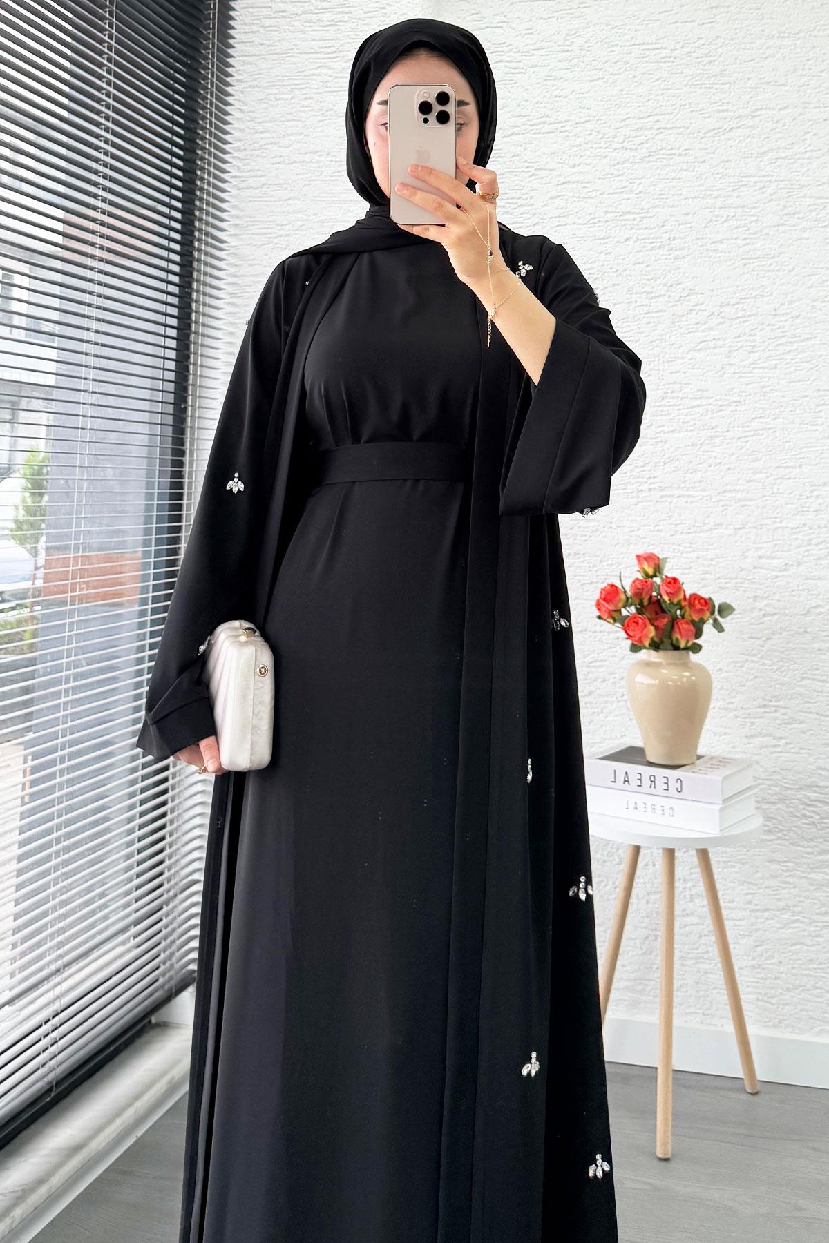 Taş İşlemeli İkili Abaya Takım - Siyah