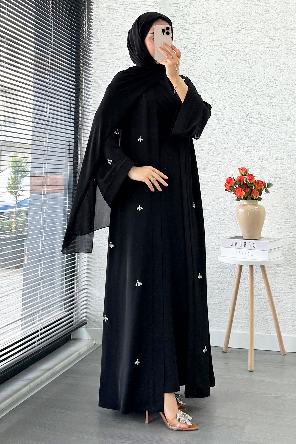 Taş İşlemeli İkili Abaya Takım - Siyah