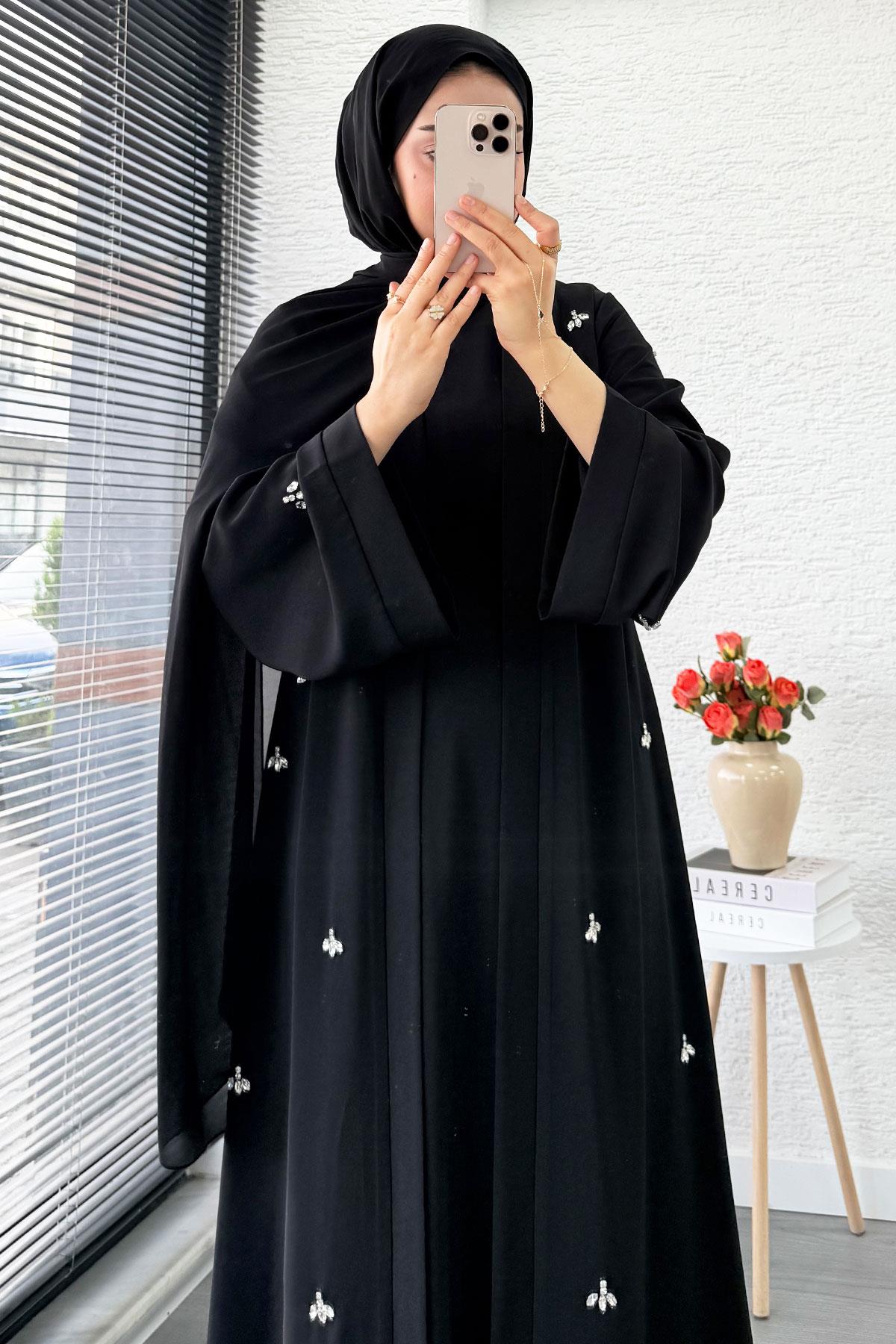 Taş İşlemeli İkili Abaya Takım - Siyah