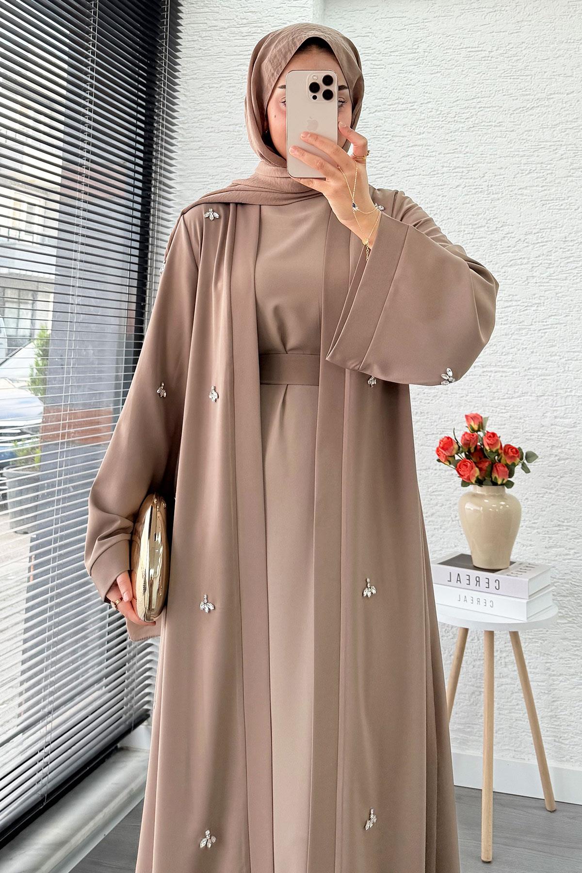 Taş İşlemeli İkili Abaya Takım - Vizon