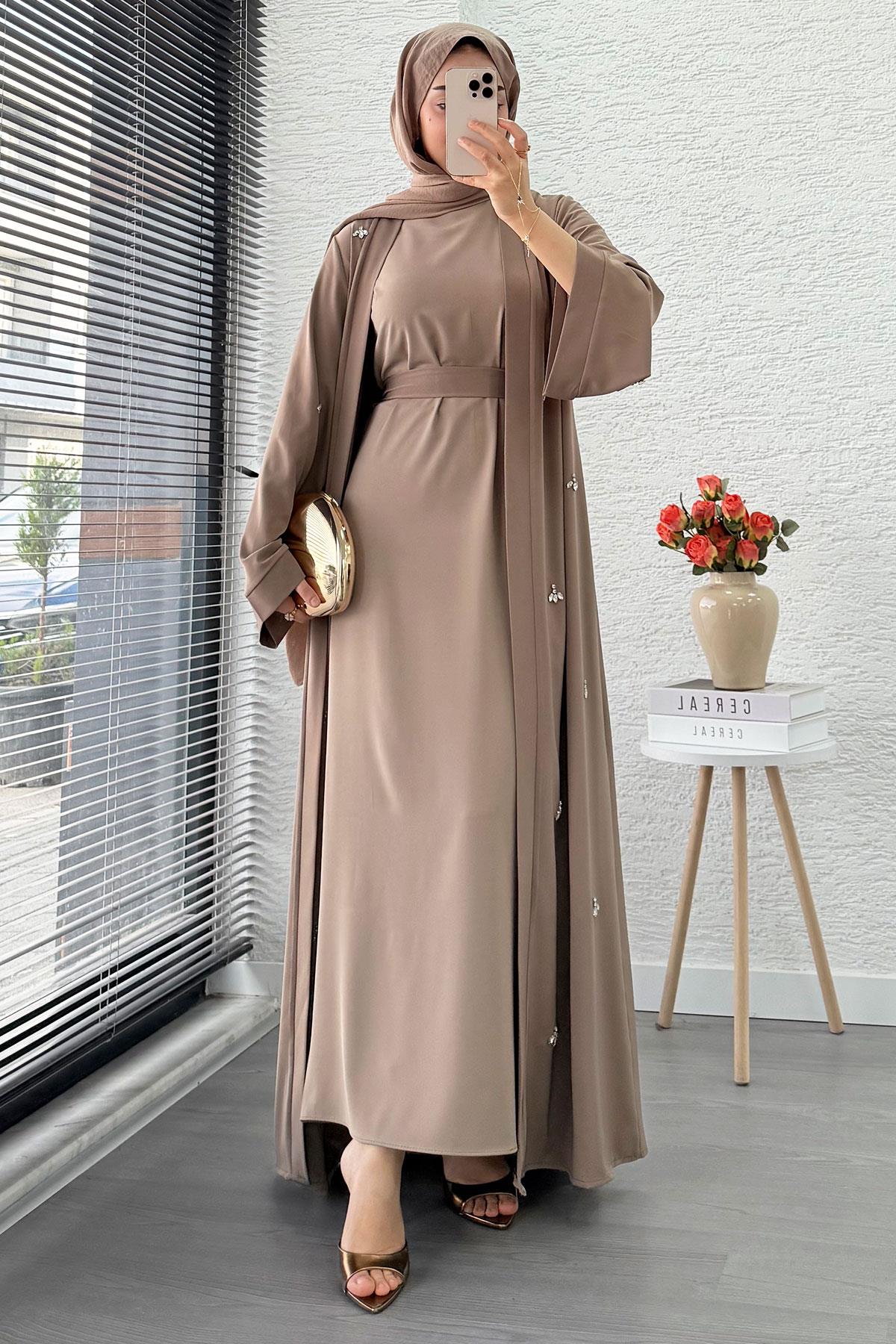 Taş İşlemeli İkili Abaya Takım - Vizon