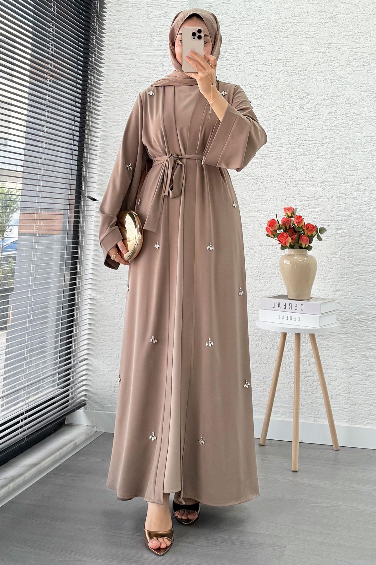 Taş İşlemeli İkili Abaya Takım - Vizon