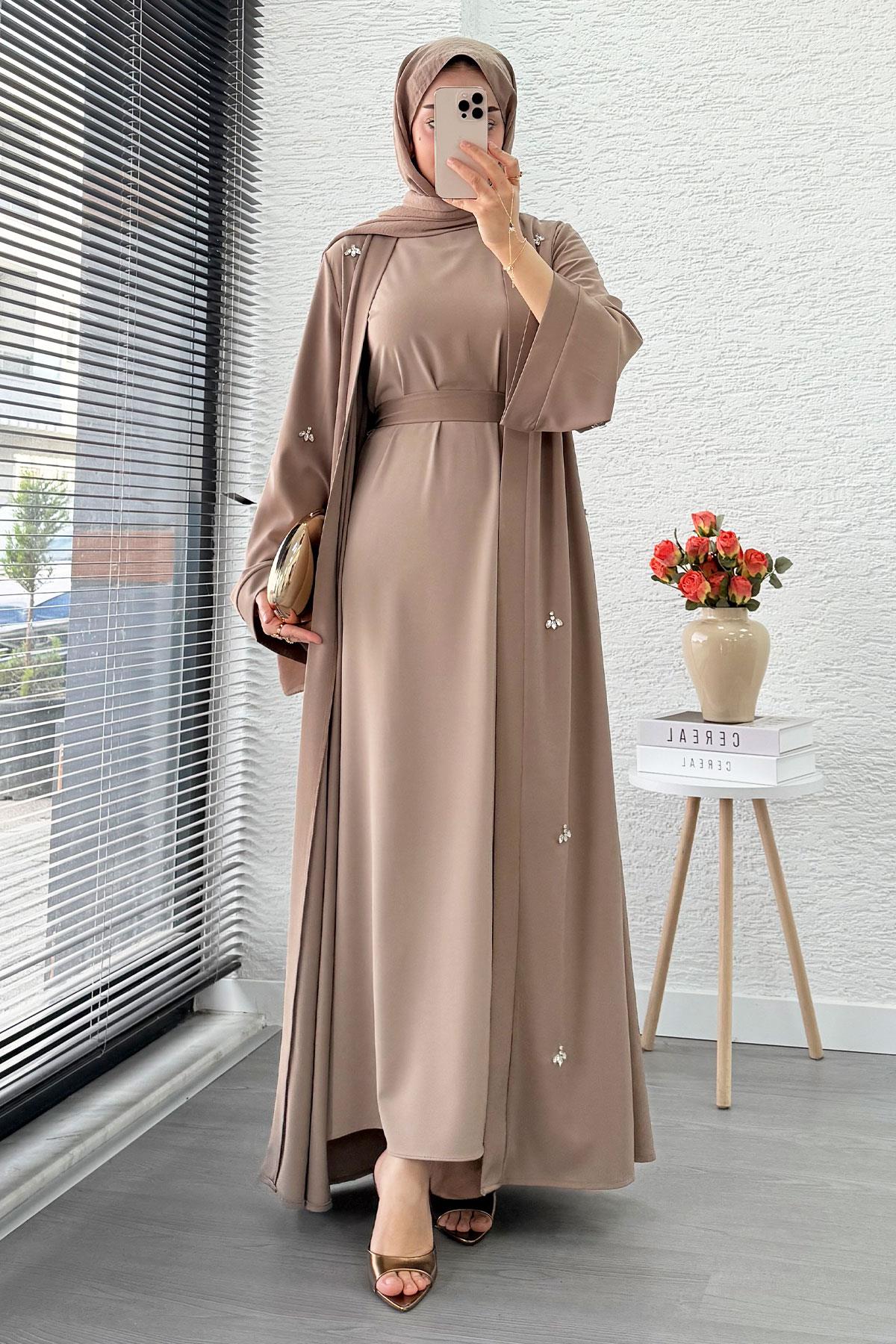 Taş İşlemeli İkili Abaya Takım - Vizon