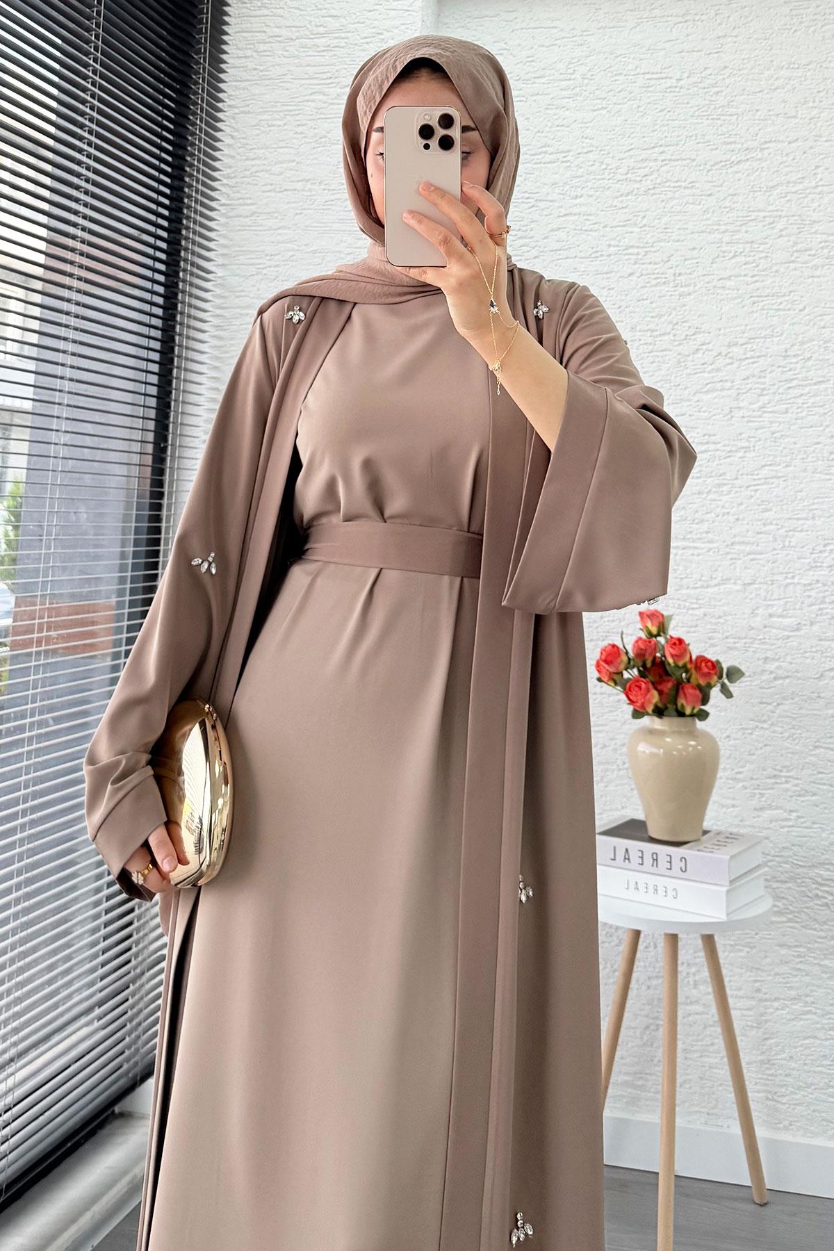 Taş İşlemeli İkili Abaya Takım - Vizon