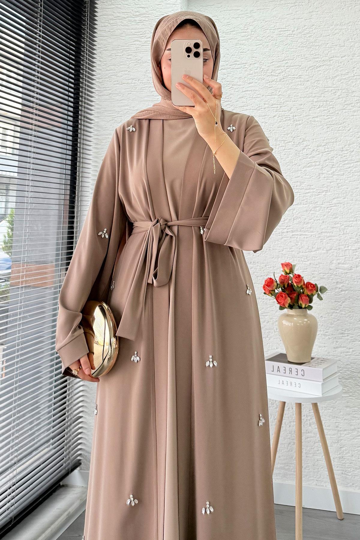 Taş İşlemeli İkili Abaya Takım - Vizon