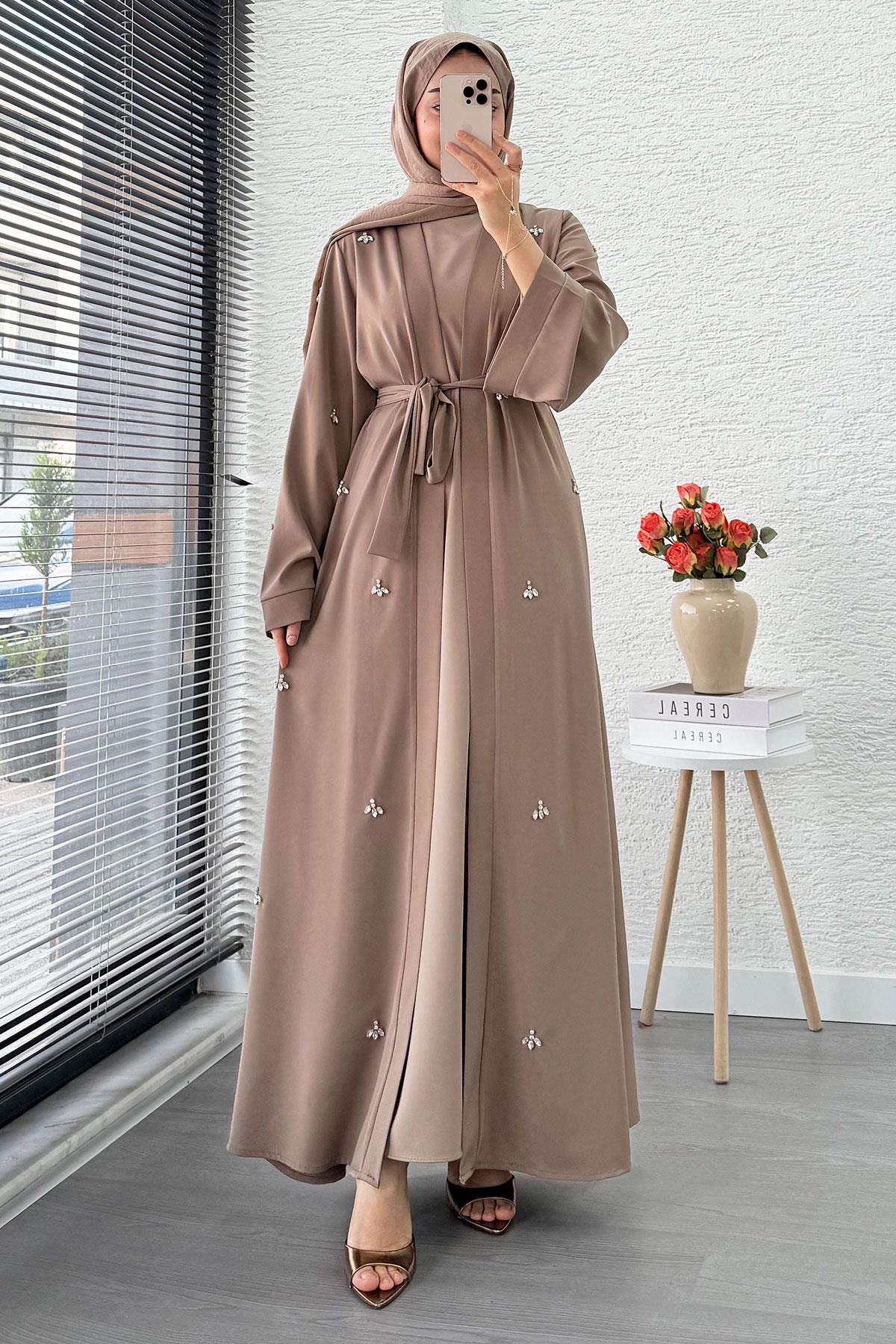 Taş İşlemeli İkili Abaya Takım - Vizon