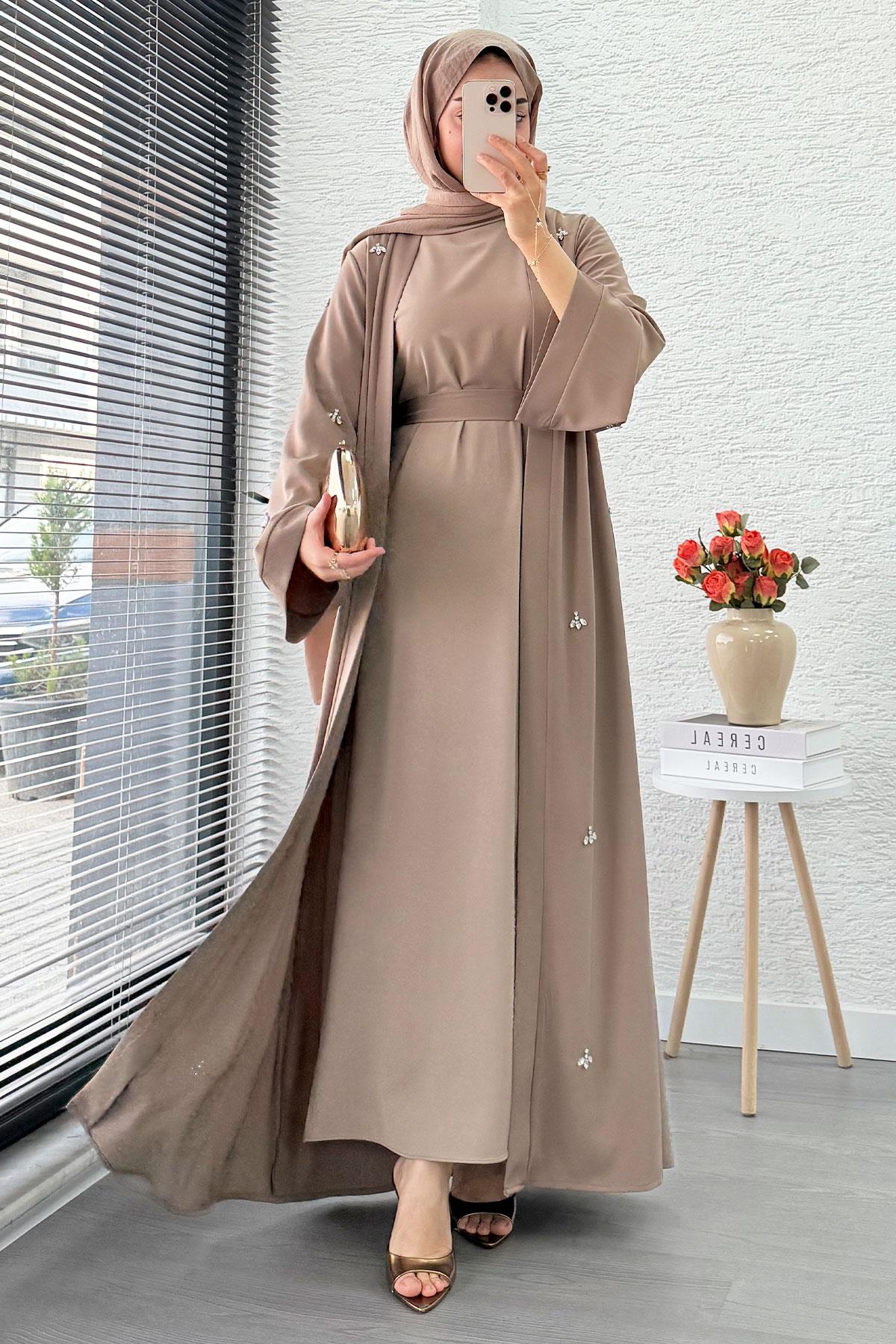 Taş İşlemeli İkili Abaya Takım - Vizon