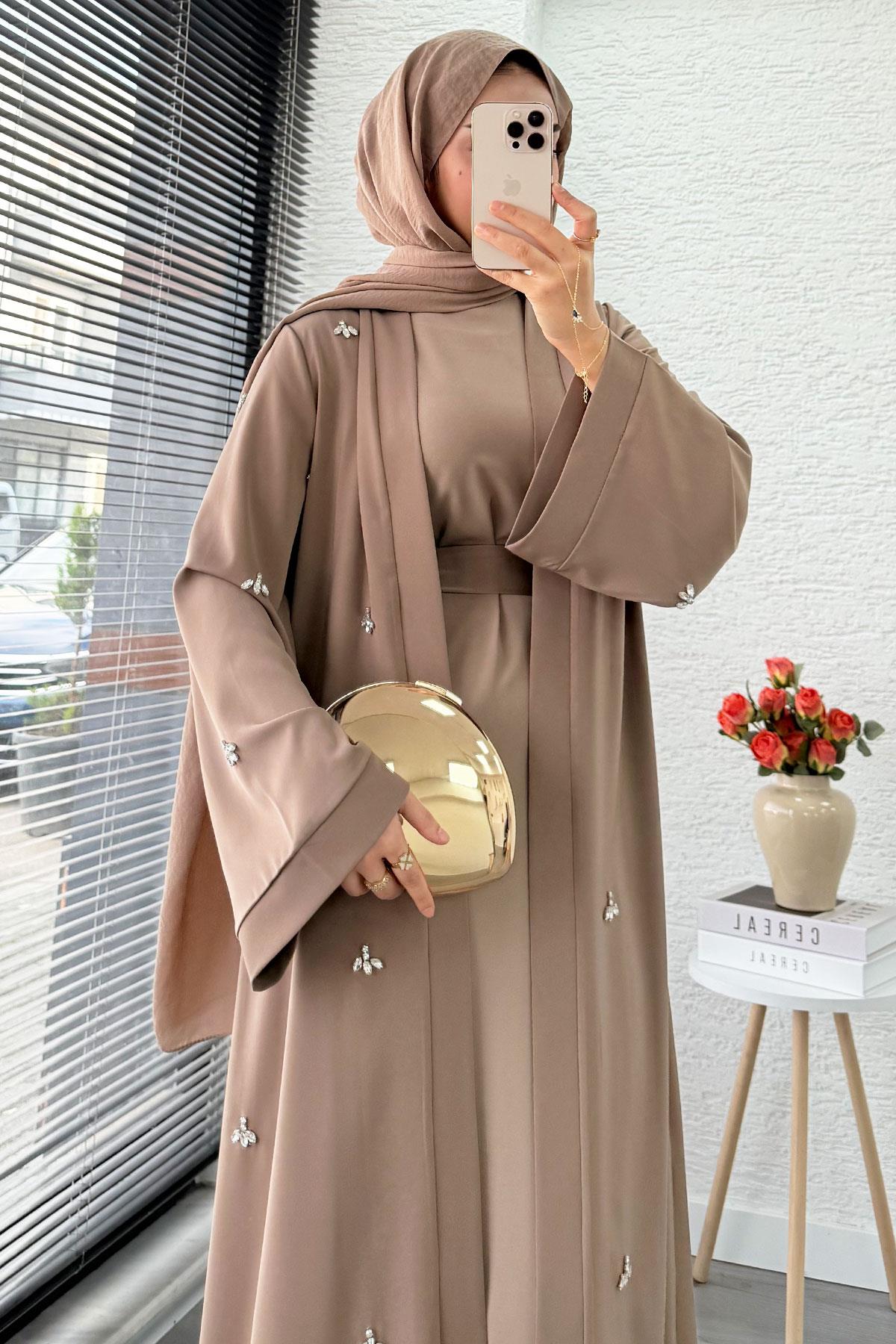 Taş İşlemeli İkili Abaya Takım - Vizon