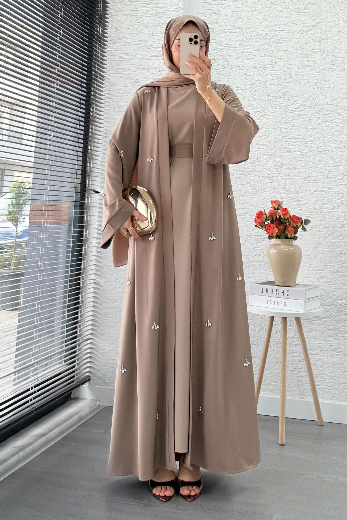 Taş İşlemeli İkili Abaya Takım - Vizon