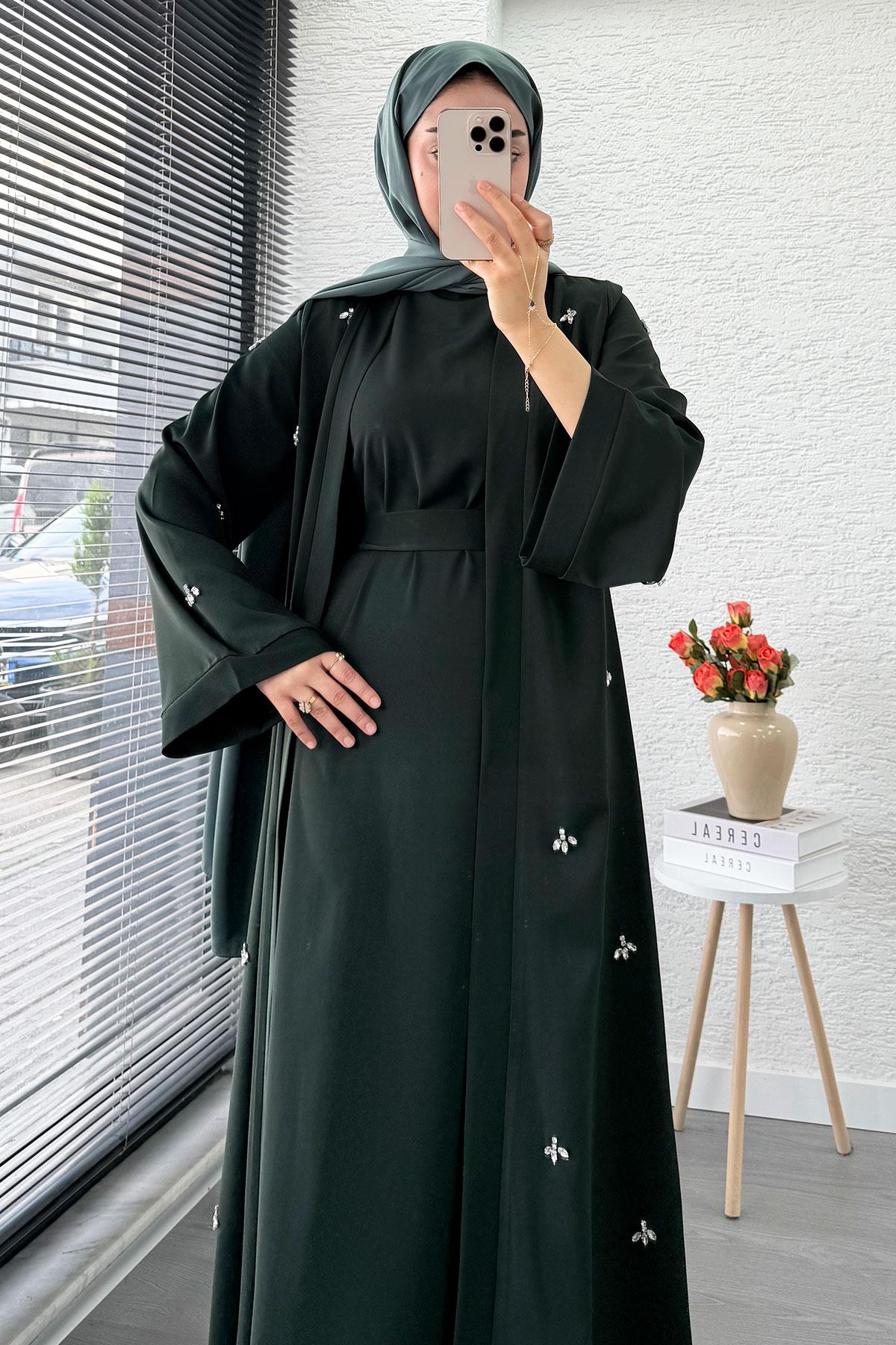 Taş İşlemeli İkili Abaya Takım - Zümrüt