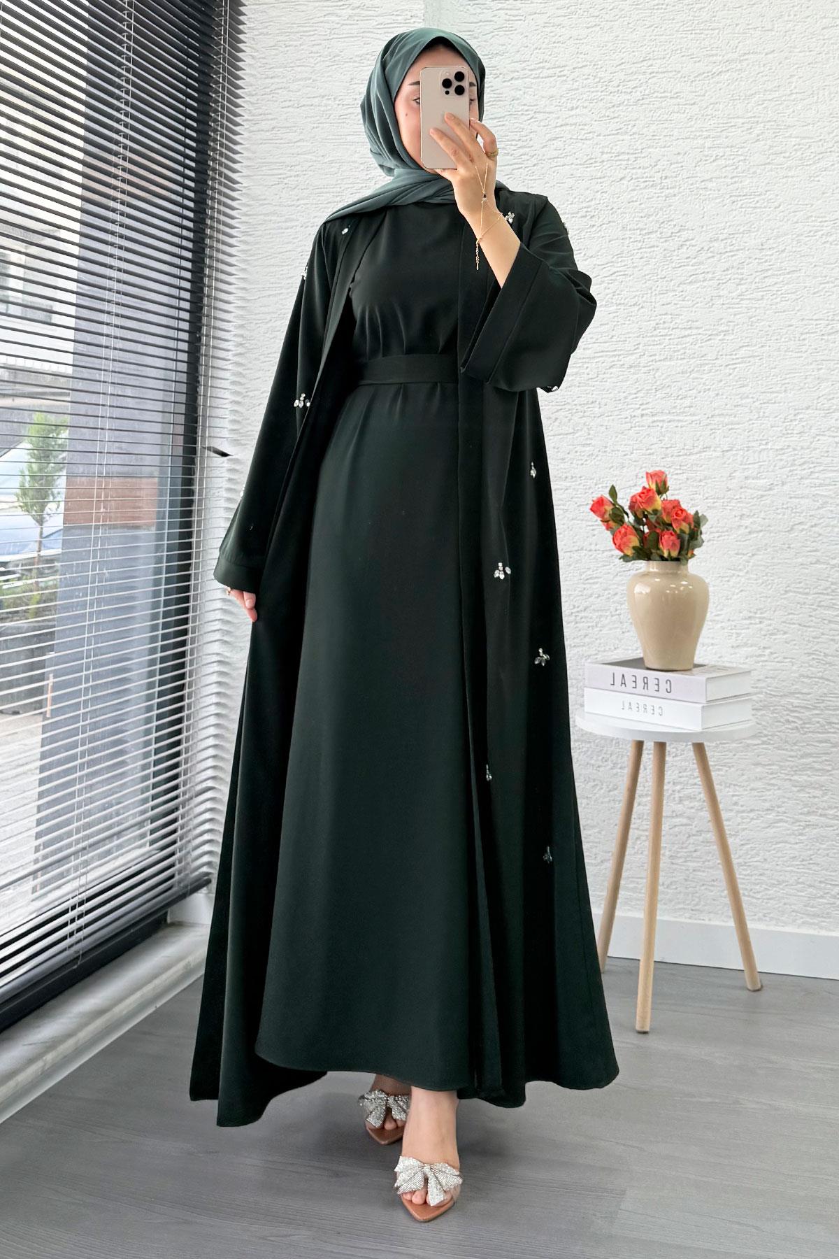 Taş İşlemeli İkili Abaya Takım - Zümrüt