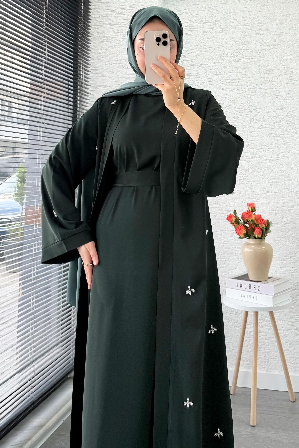 Taş İşlemeli İkili Abaya Takım - Zümrüt