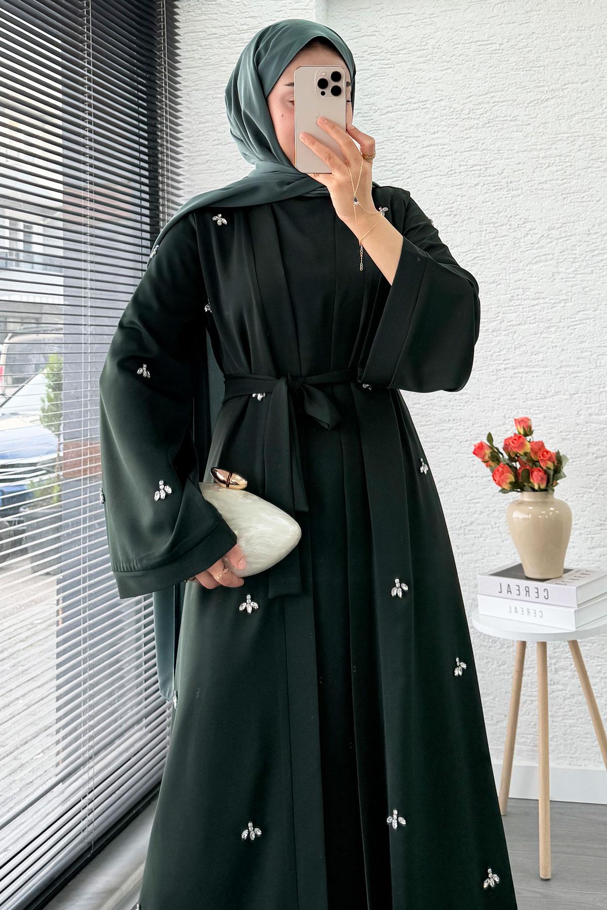 Taş İşlemeli İkili Abaya Takım - Zümrüt