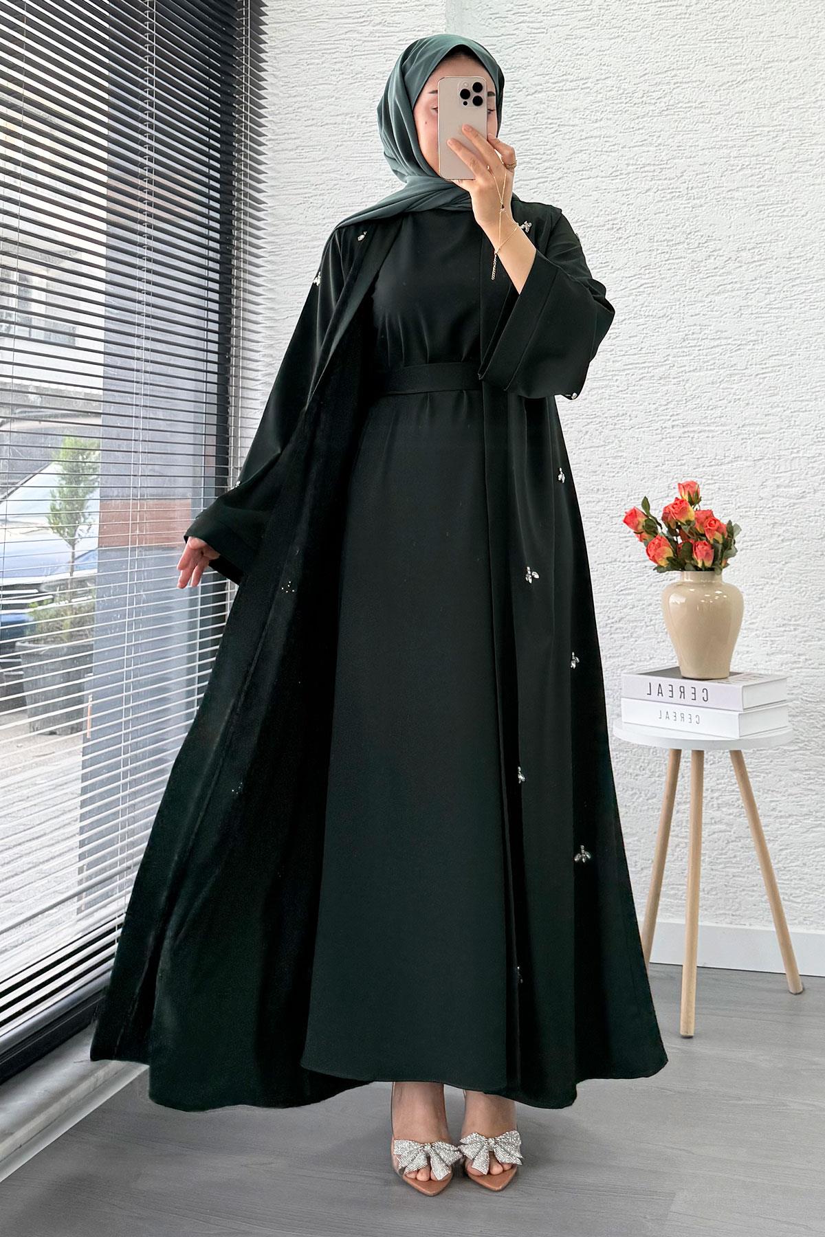 Taş İşlemeli İkili Abaya Takım - Zümrüt