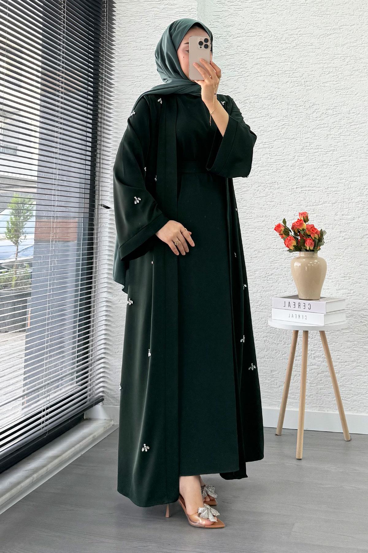 Taş İşlemeli İkili Abaya Takım - Zümrüt