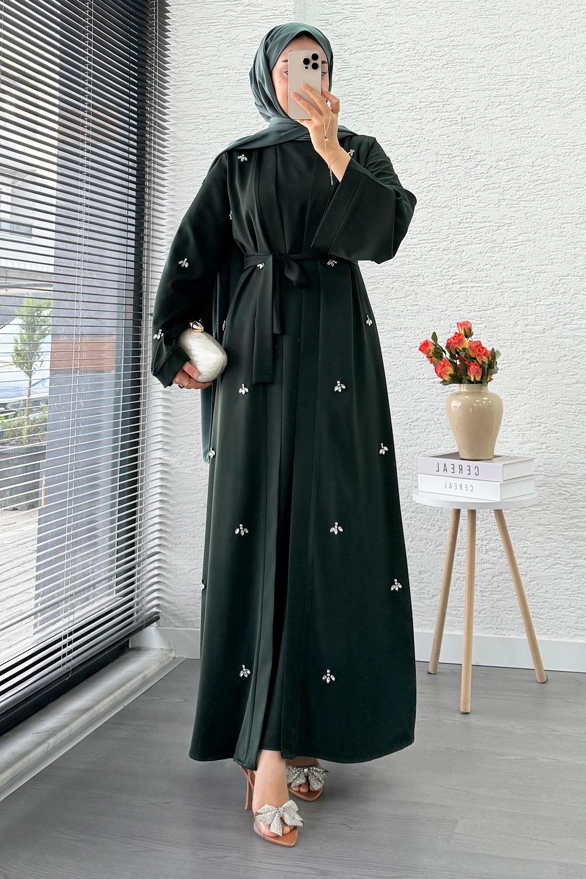 Taş İşlemeli İkili Abaya Takım - Zümrüt