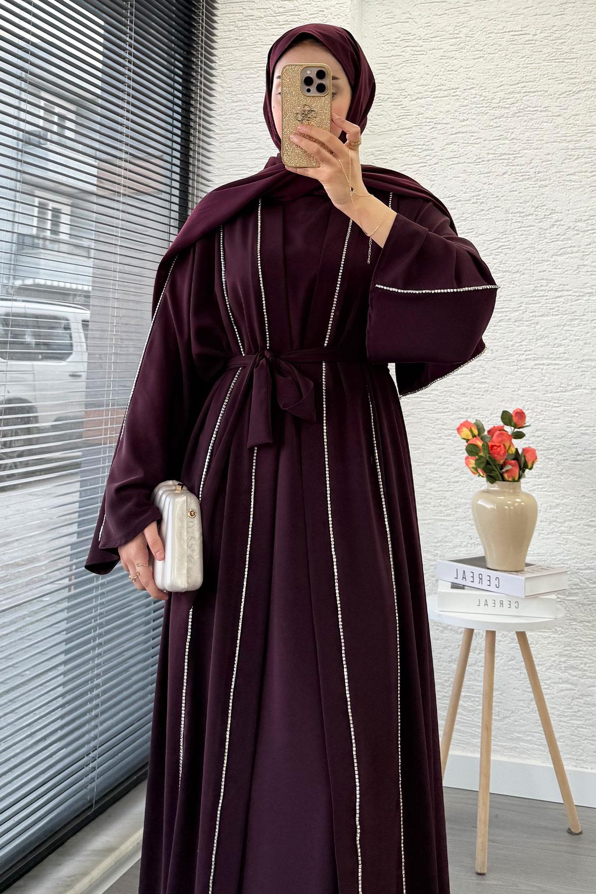 Taş Şerit Detaylı İkili Abaya Takım –Mürdüm