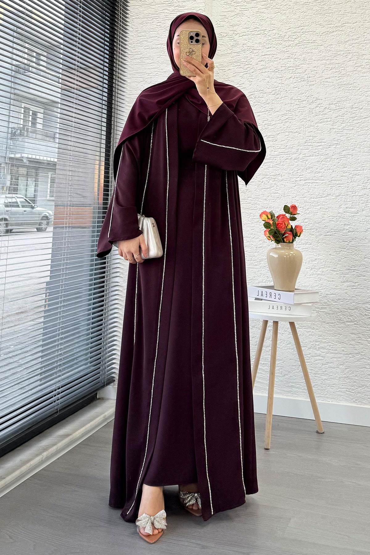 Taş Şerit Detaylı İkili Abaya Takım –Mürdüm