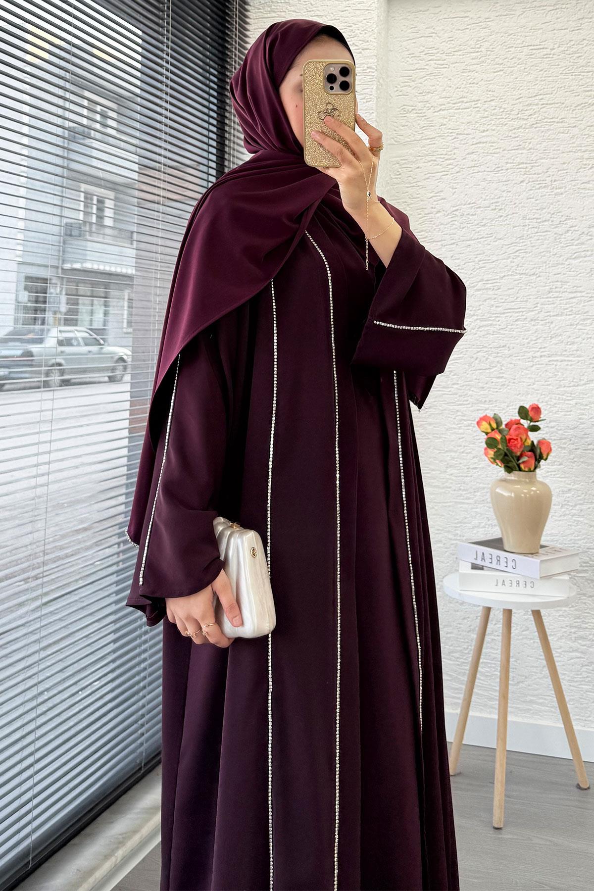 Taş Şerit Detaylı İkili Abaya Takım –Mürdüm