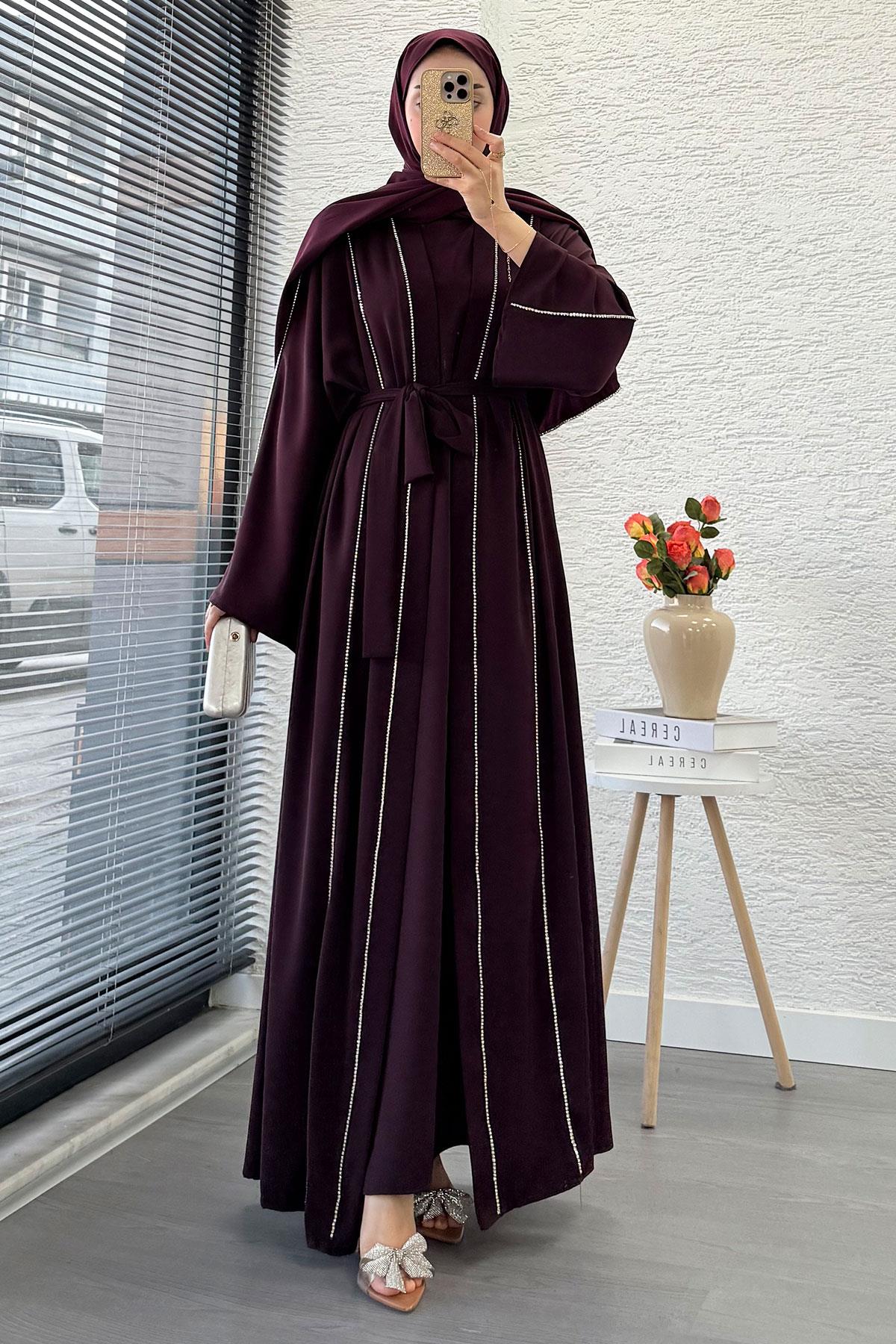 Taş Şerit Detaylı İkili Abaya Takım –Mürdüm