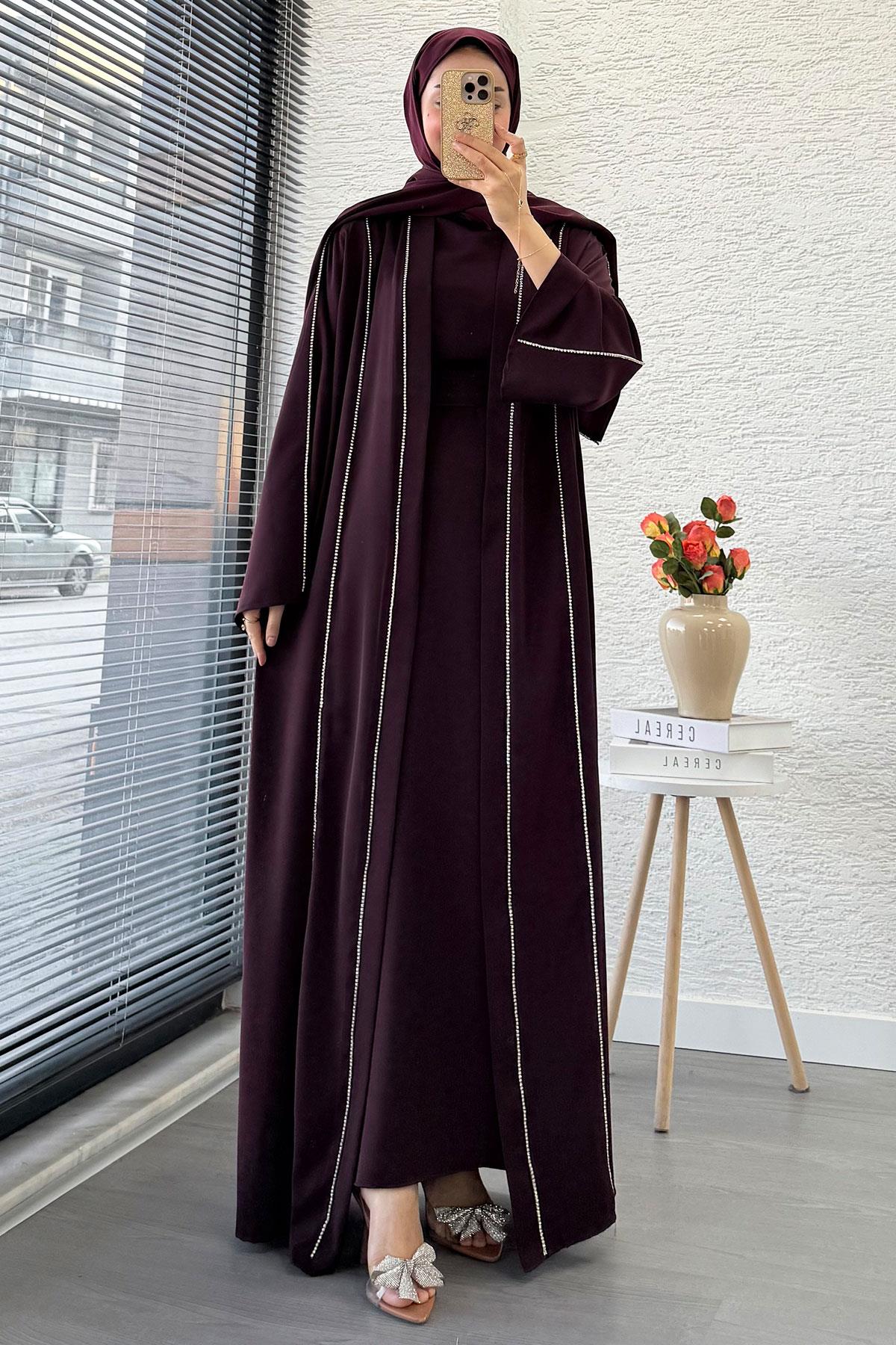 Taş Şerit Detaylı İkili Abaya Takım –Mürdüm