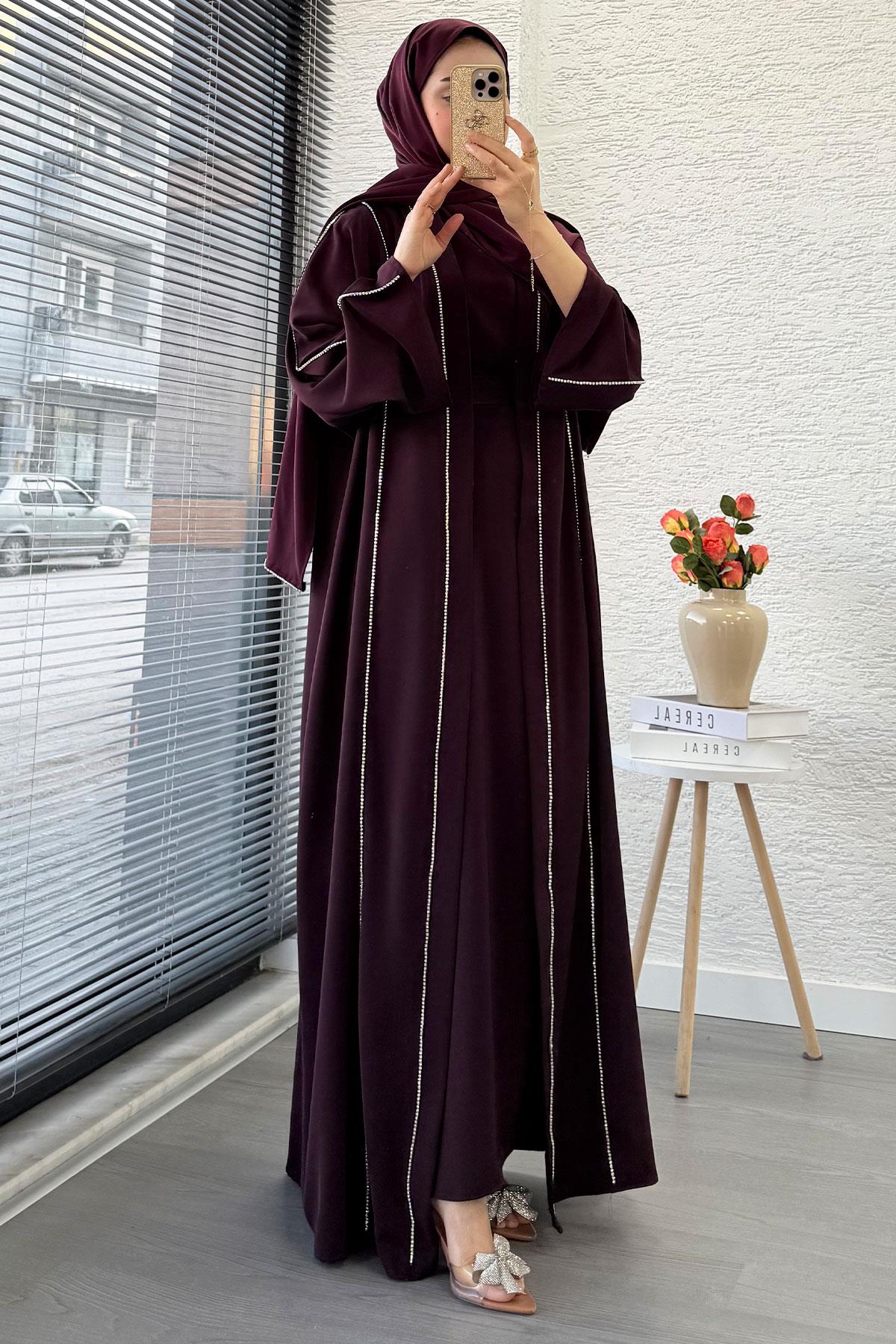 Taş Şerit Detaylı İkili Abaya Takım –Mürdüm