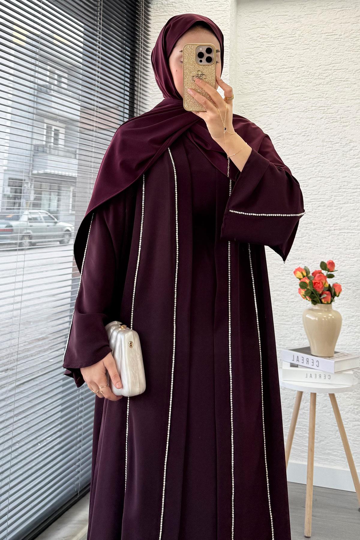 Taş Şerit Detaylı İkili Abaya Takım –Mürdüm